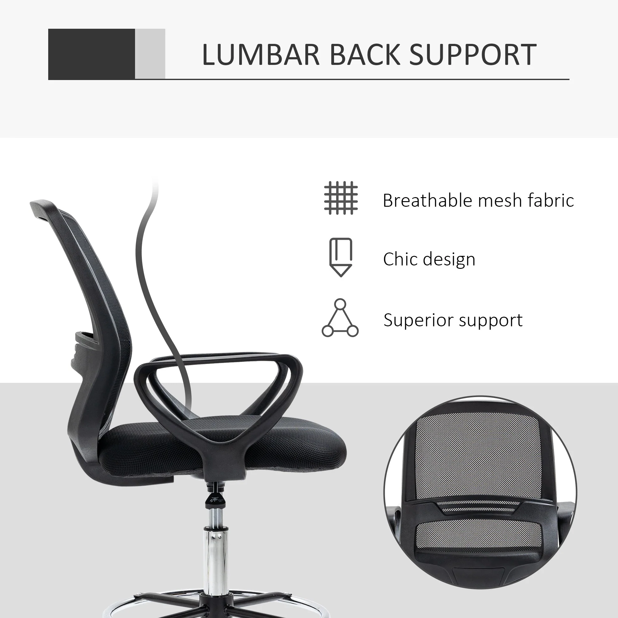 Vinsetto Ergonomic Mesh Back Draughtsman Chairs Tall Office Chair with Adjustable Height and Footrest 360° Swivel - Image 6