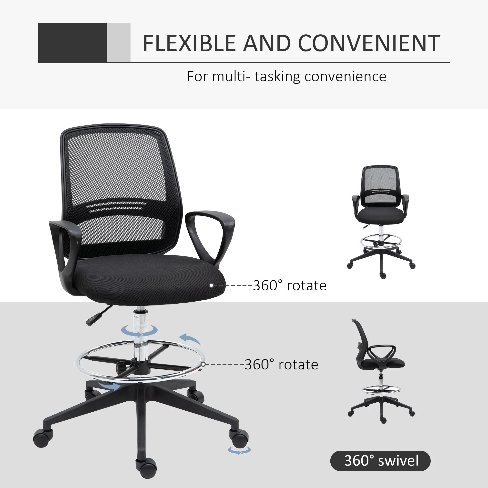 Vinsetto Ergonomic Mesh Back Draughtsman Chairs Tall Office Chair with Adjustable Height and Footrest 360° Swivel - Image 7