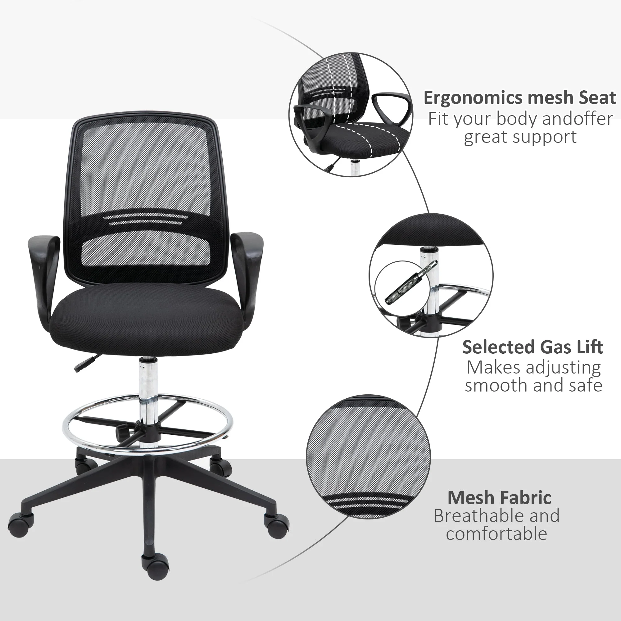 Vinsetto Ergonomic Mesh Back Draughtsman Chairs Tall Office Chair with Adjustable Height and Footrest 360° Swivel - Image 8