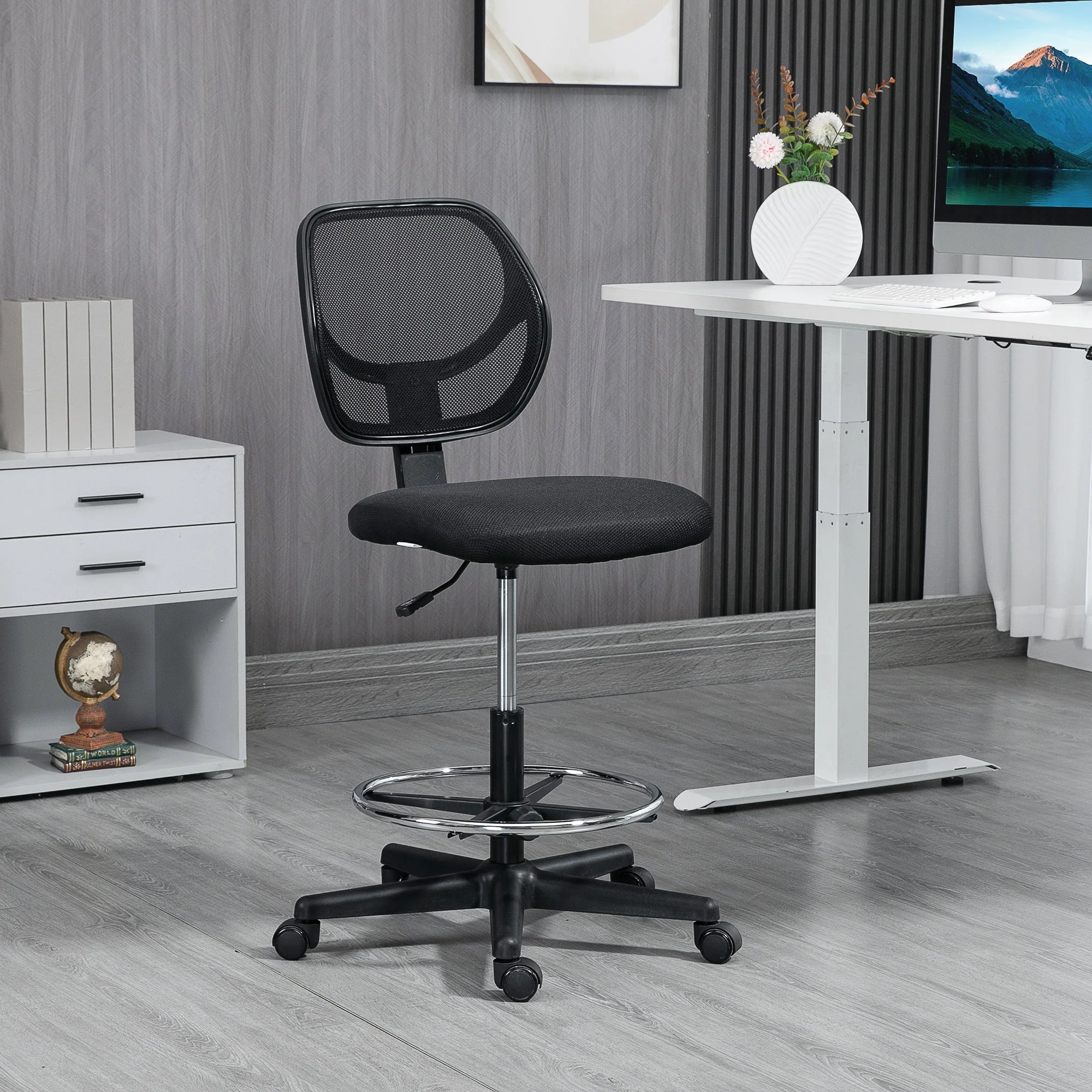 Vinsetto Ergonomic Mesh Standing Desk Chair with Adjustable Footrest Ring and Seat Height Black - Image 2