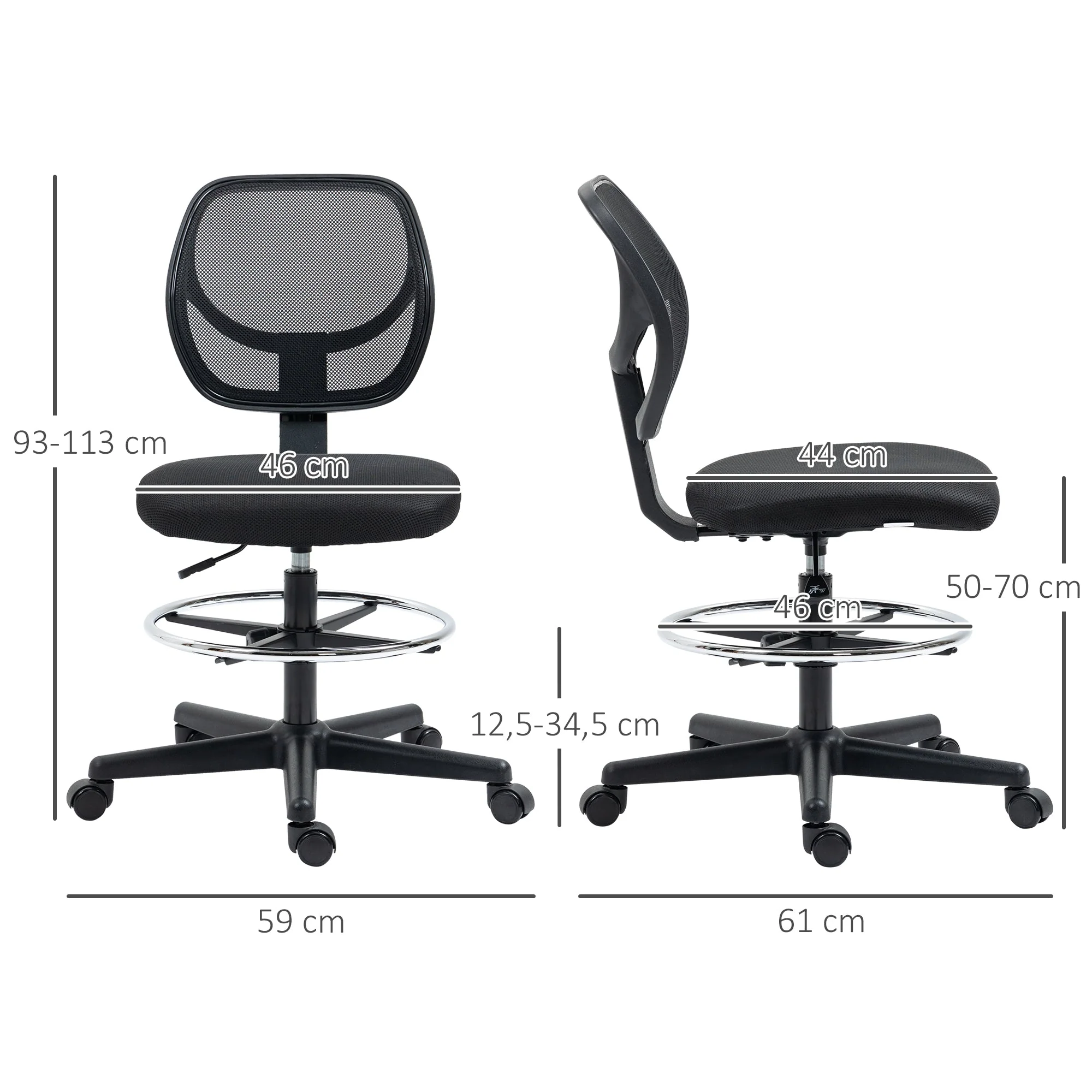 Vinsetto Ergonomic Mesh Standing Desk Chair with Adjustable Footrest Ring and Seat Height Black - Image 3