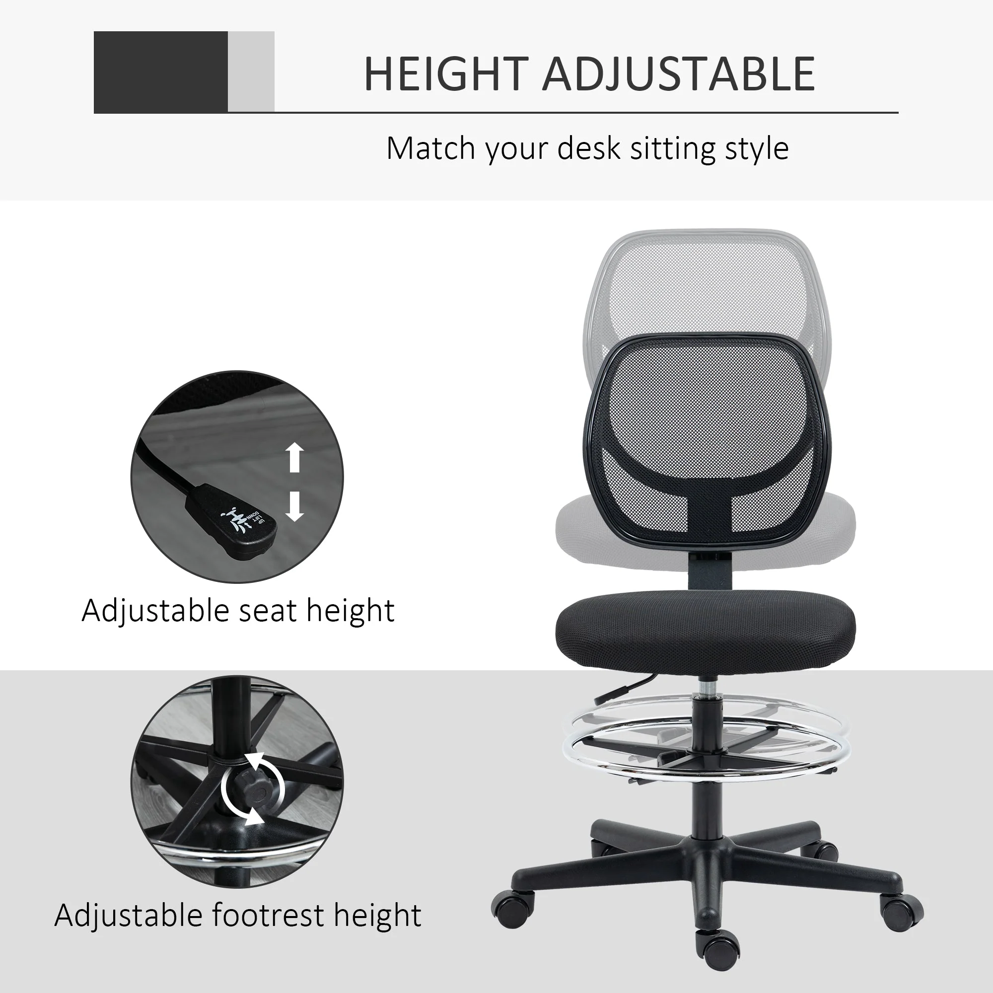 Vinsetto Ergonomic Mesh Standing Desk Chair with Adjustable Footrest Ring and Seat Height Black - Image 4