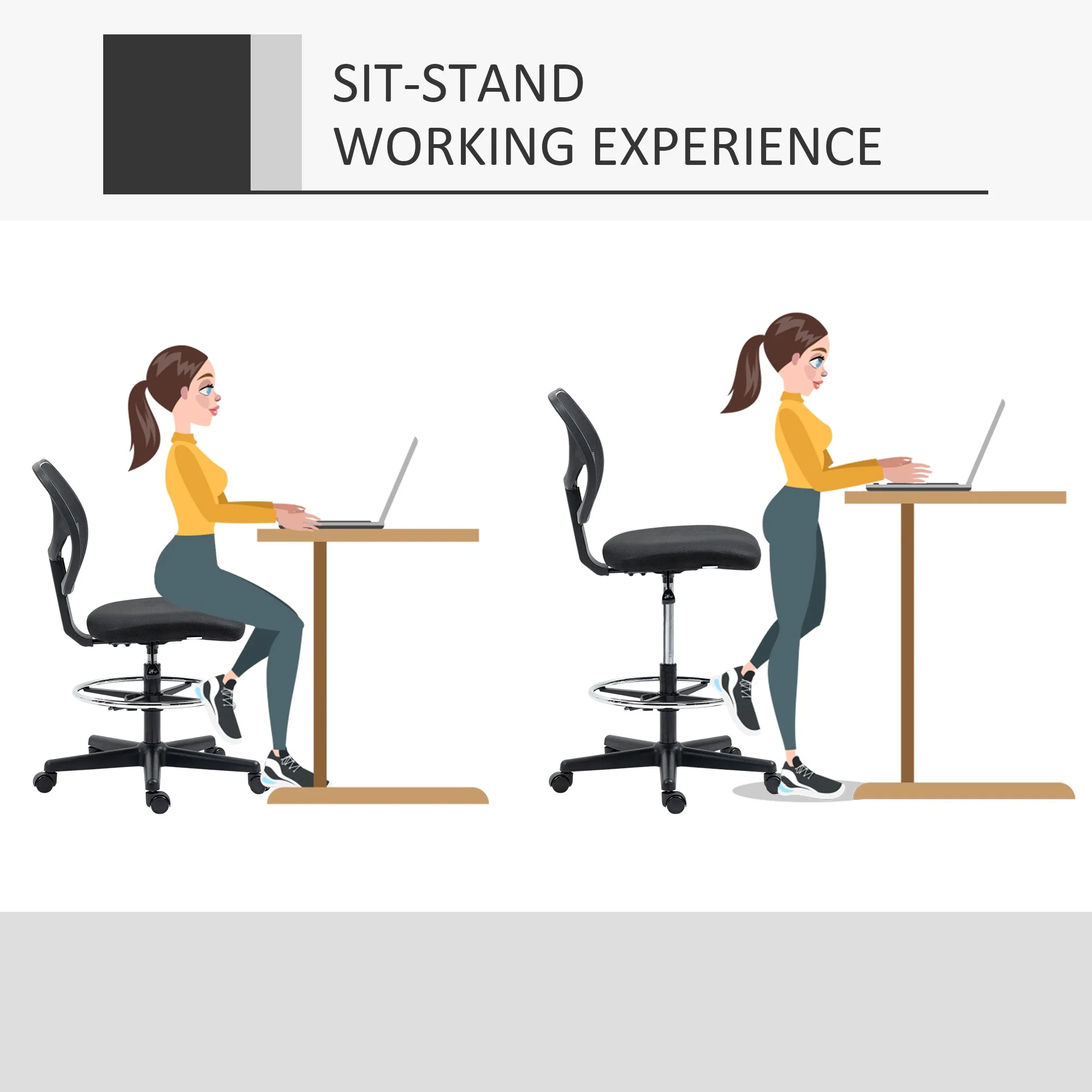 Vinsetto Ergonomic Mesh Standing Desk Chair with Adjustable Footrest Ring and Seat Height Black - Image 5