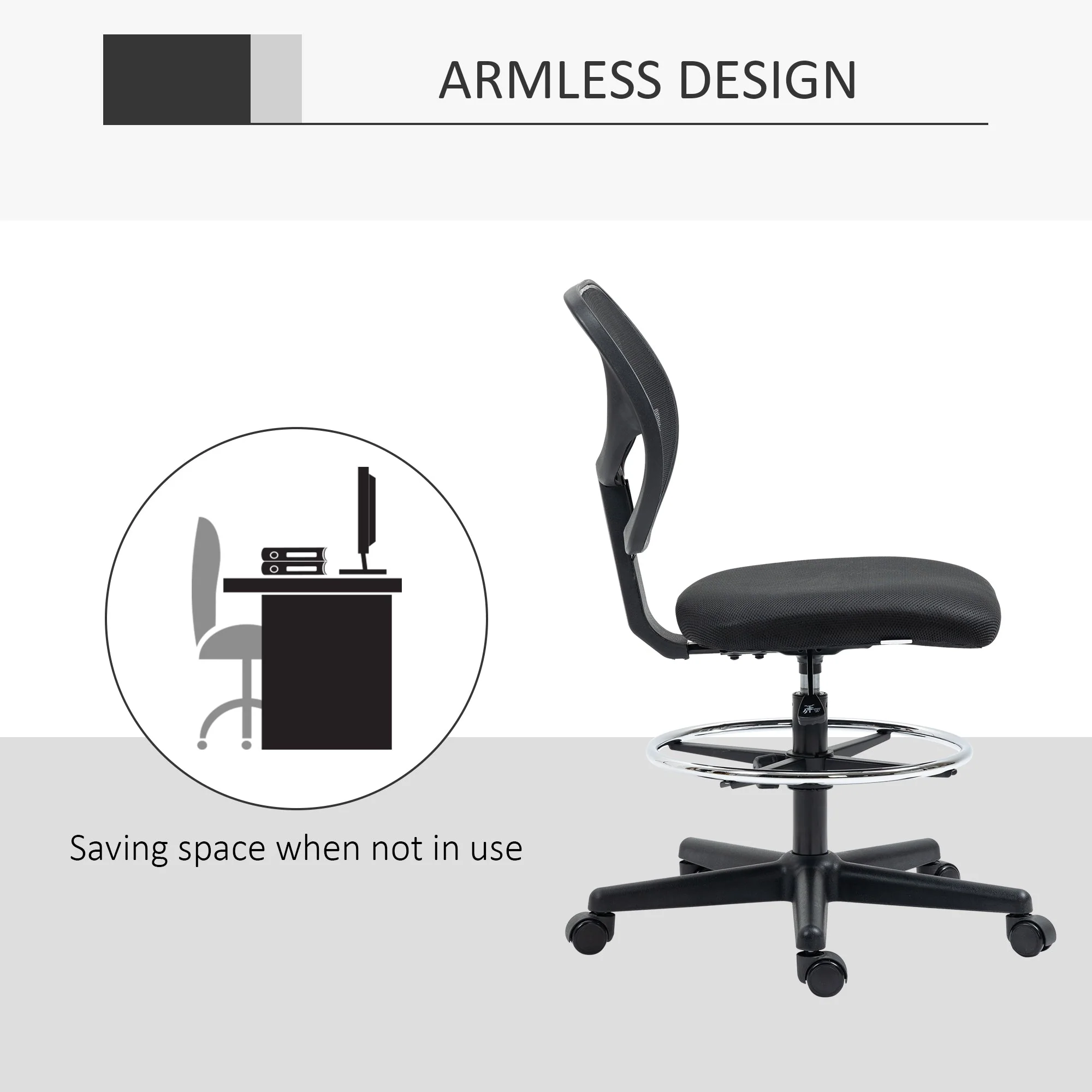 Vinsetto Ergonomic Mesh Standing Desk Chair with Adjustable Footrest Ring and Seat Height Black - Image 6