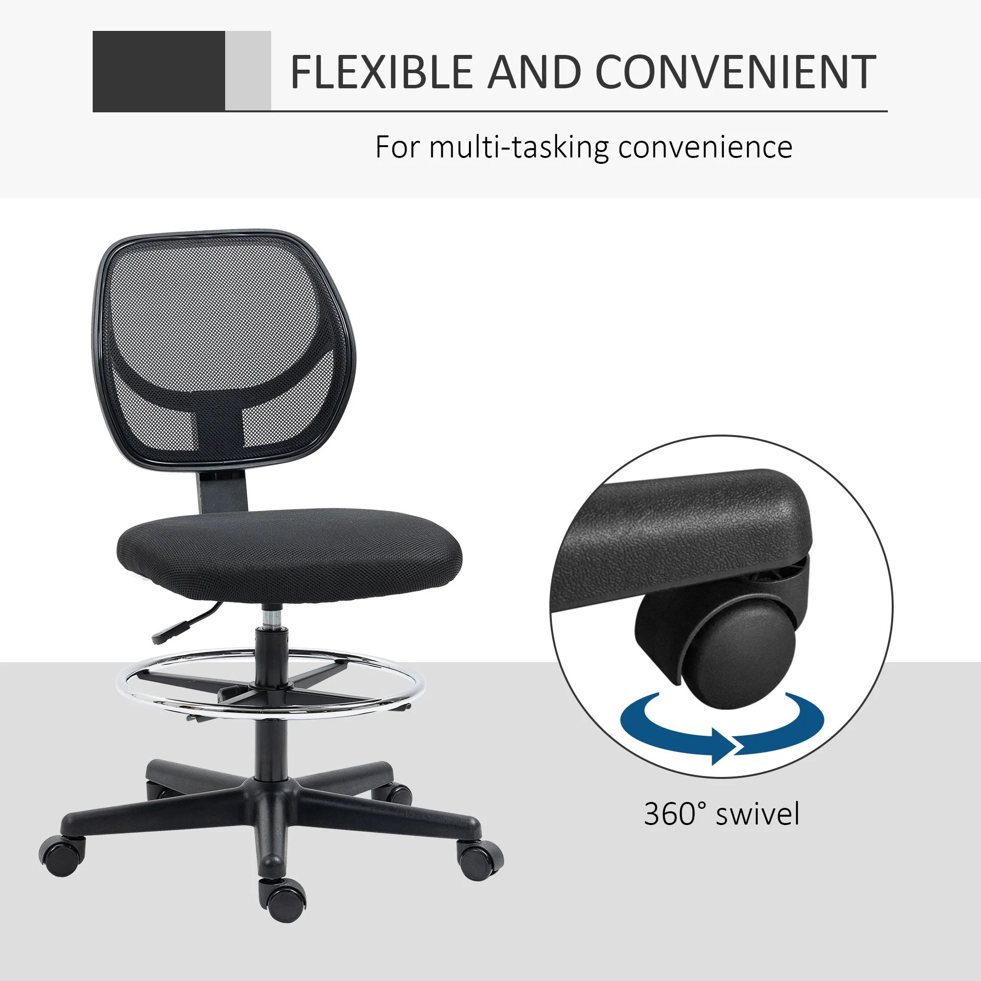 Vinsetto Ergonomic Mesh Standing Desk Chair with Adjustable Footrest Ring and Seat Height Black - Image 7