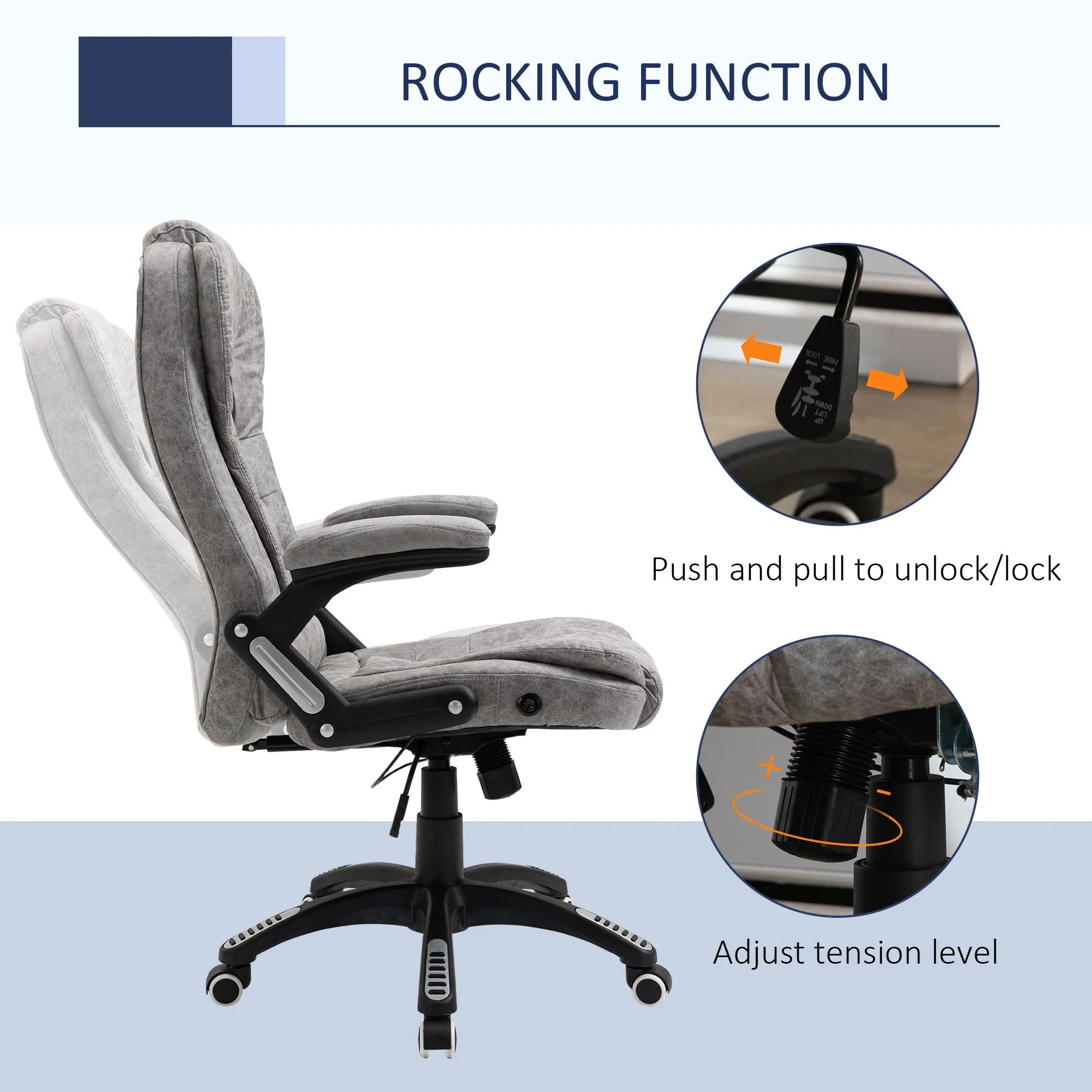 Vinsetto Ergonomic Office Chair Comfortable Desk Chair With Armrests Adjustable Height Reclining And Tilt Function Grey - Image 5
