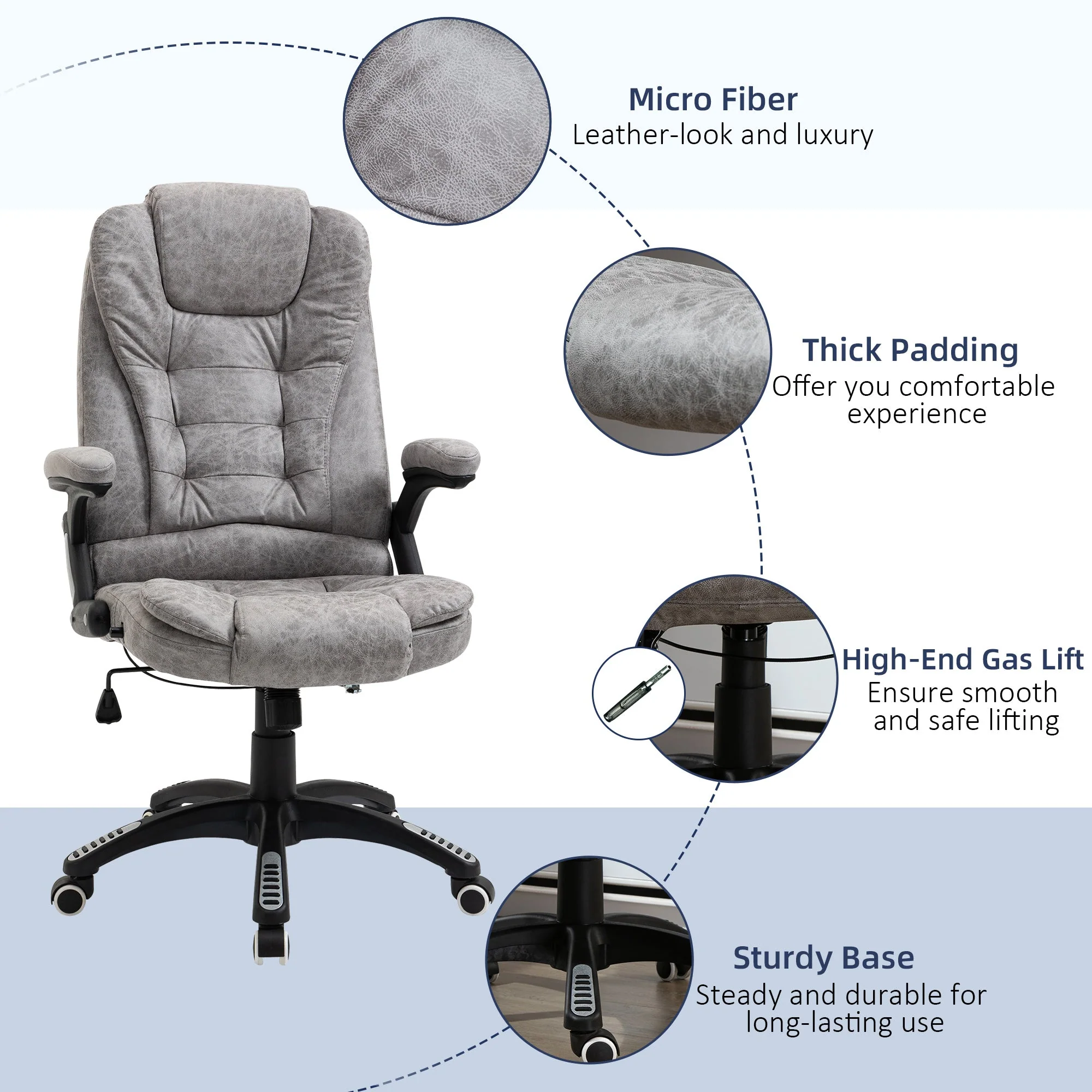 Vinsetto Ergonomic Office Chair Comfortable Desk Chair With Armrests Adjustable Height Reclining And Tilt Function Grey - Image 8