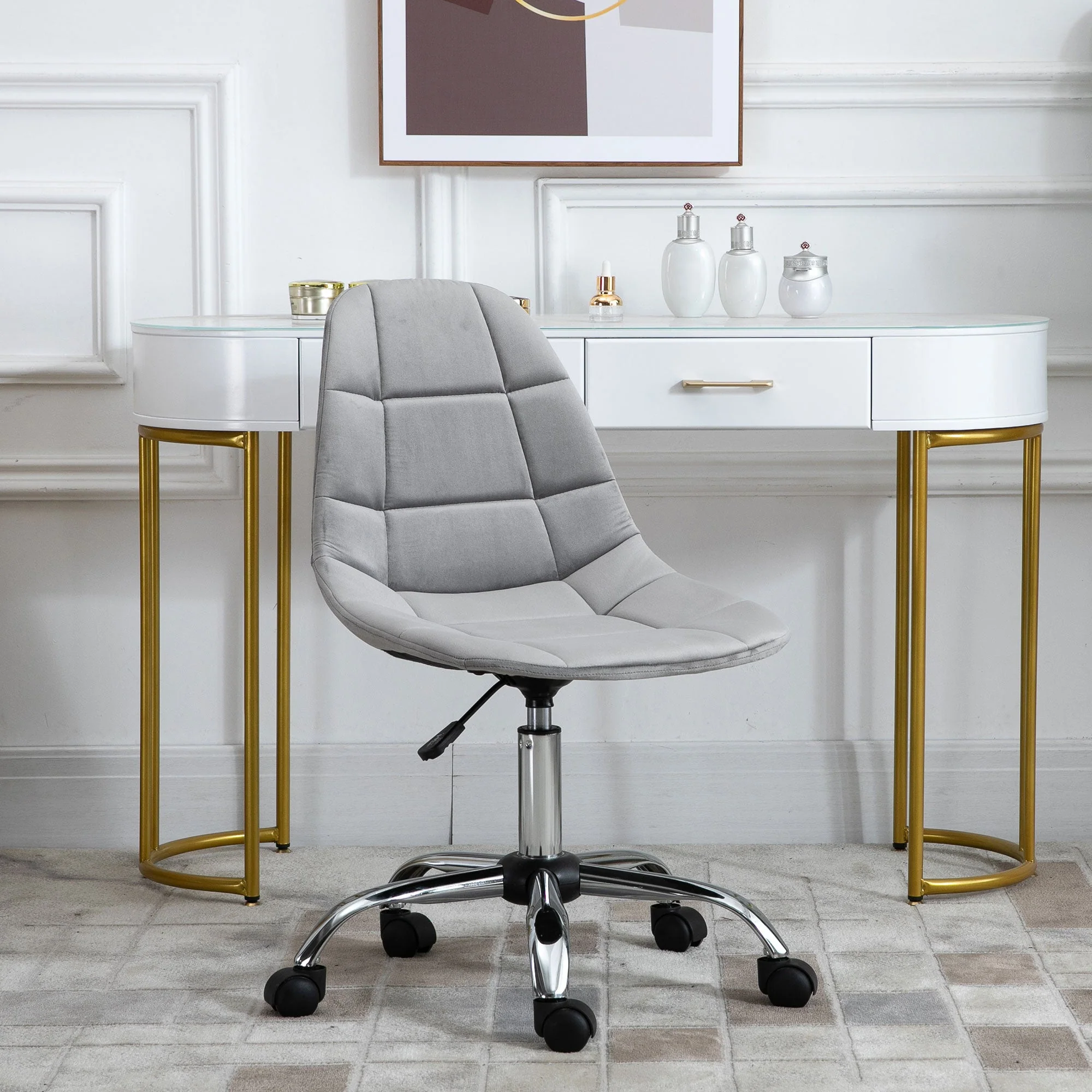 Vinsetto Ergonomic Office Chair Velvet Computer Home Study Chair Armless With Wheels Grey - Image 2