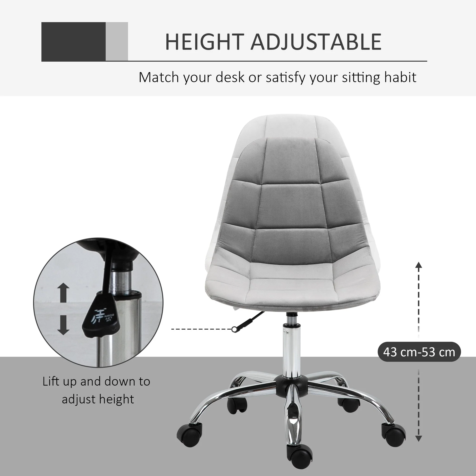 Vinsetto Ergonomic Office Chair Velvet Computer Home Study Chair Armless With Wheels Grey - Image 5