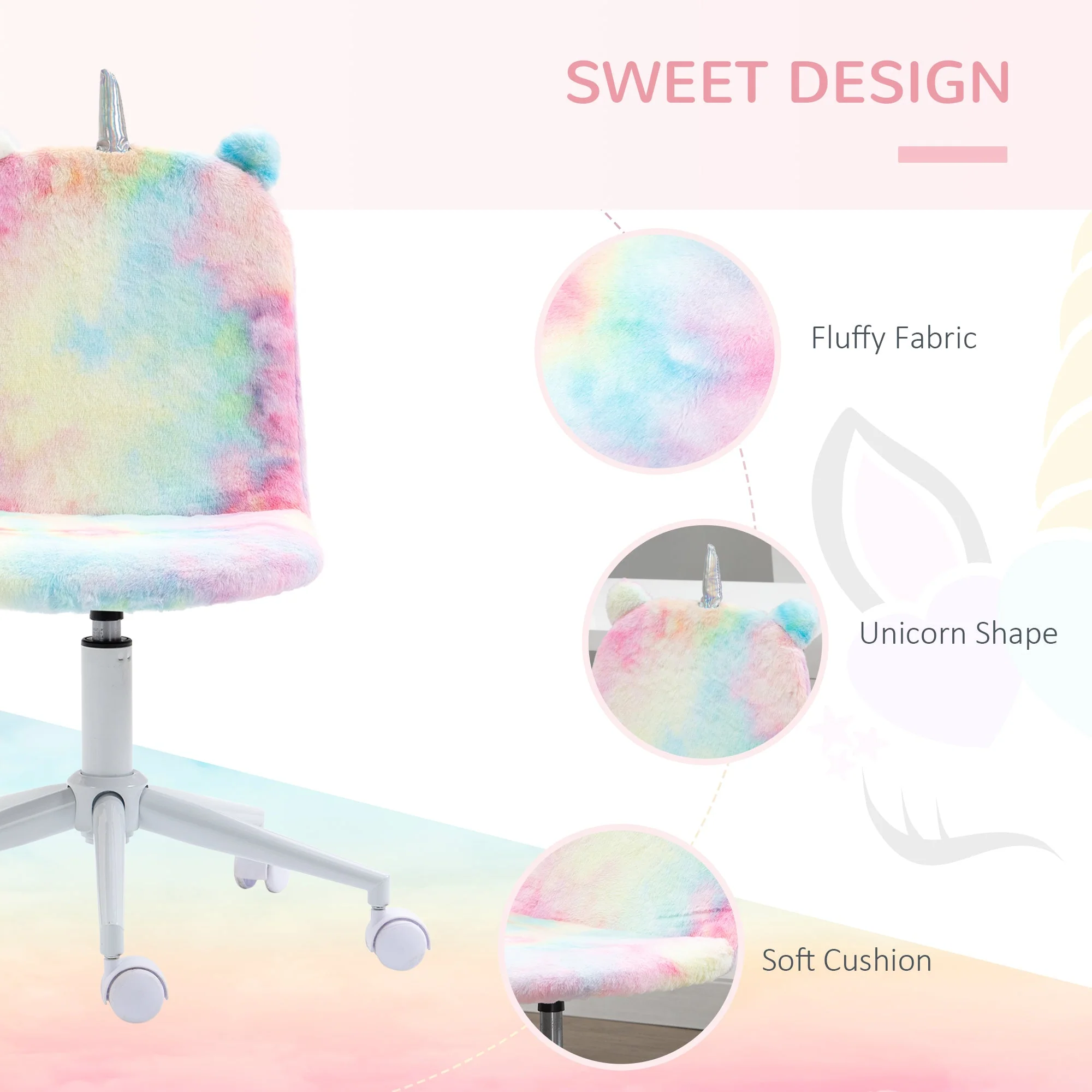 Vinsetto Fluffy Unicorn Office Chair with Mid-Back and Swivel Wheel - Image 4