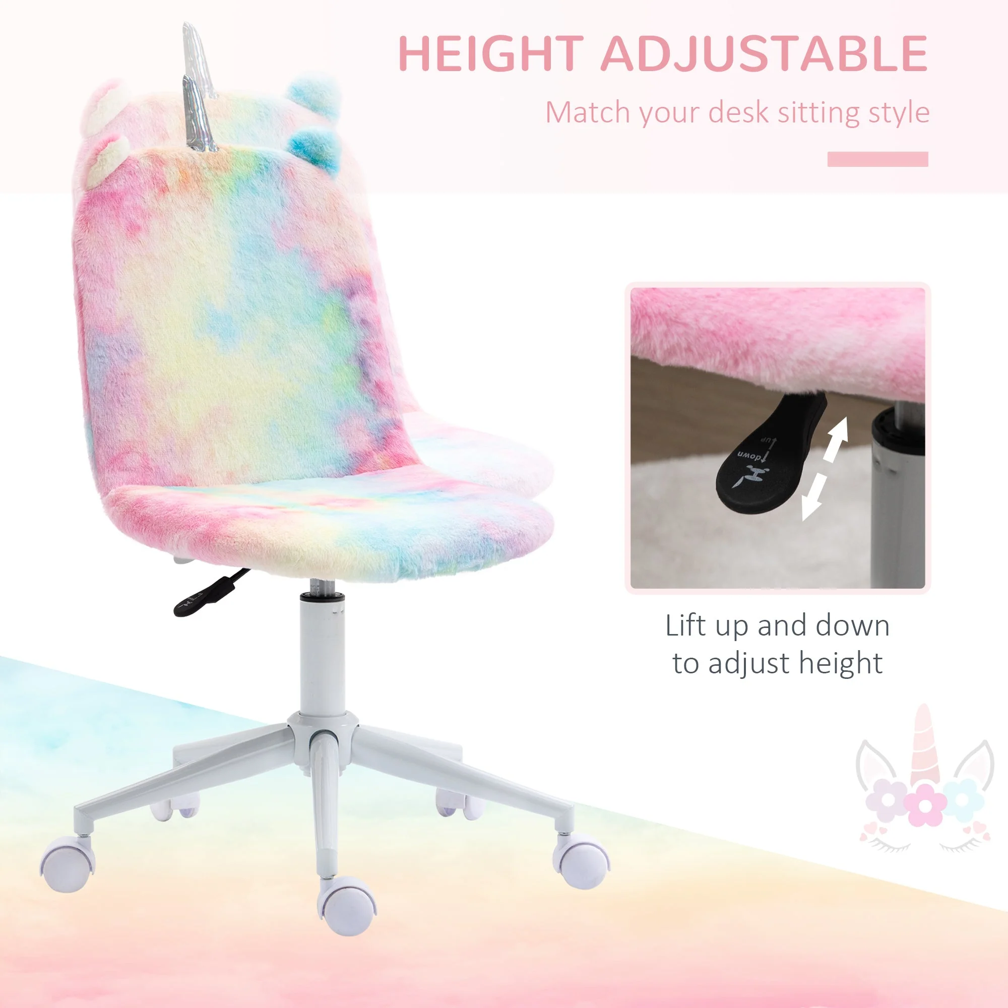 Vinsetto Fluffy Unicorn Office Chair with Mid-Back and Swivel Wheel - Image 5