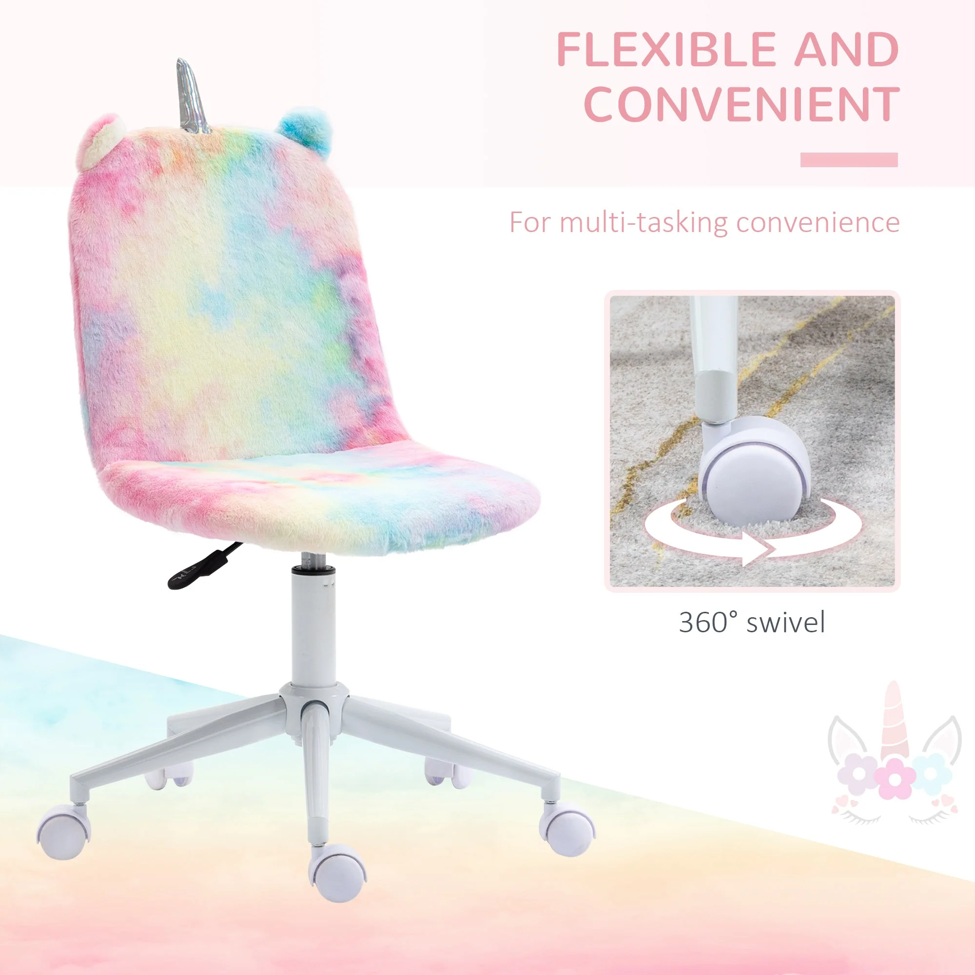 Vinsetto Fluffy Unicorn Office Chair with Mid-Back and Swivel Wheel - Image 6