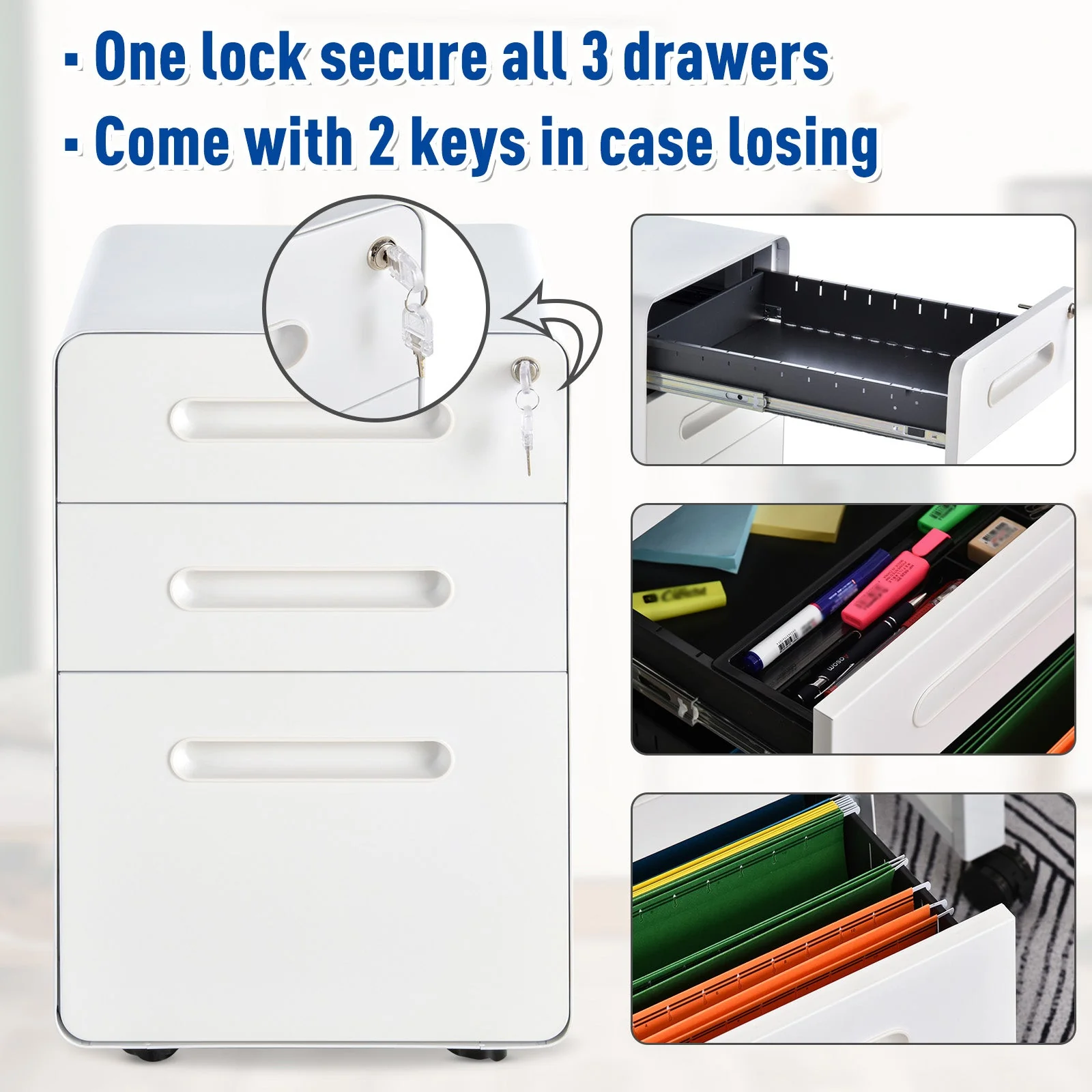 Vinsetto Fully Assembled 3-Drawer Mobile File Cabinet Lockable All-Metal Rolling Vertical File Cabinet White - Image 4