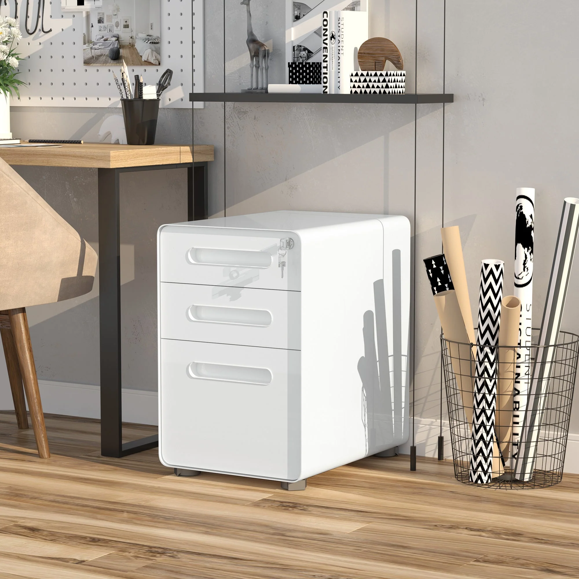 Vinsetto Fully Assembled 3-Drawer Mobile File Cabinet Lockable All-Metal Rolling Vertical File Cabinet White - Image 9