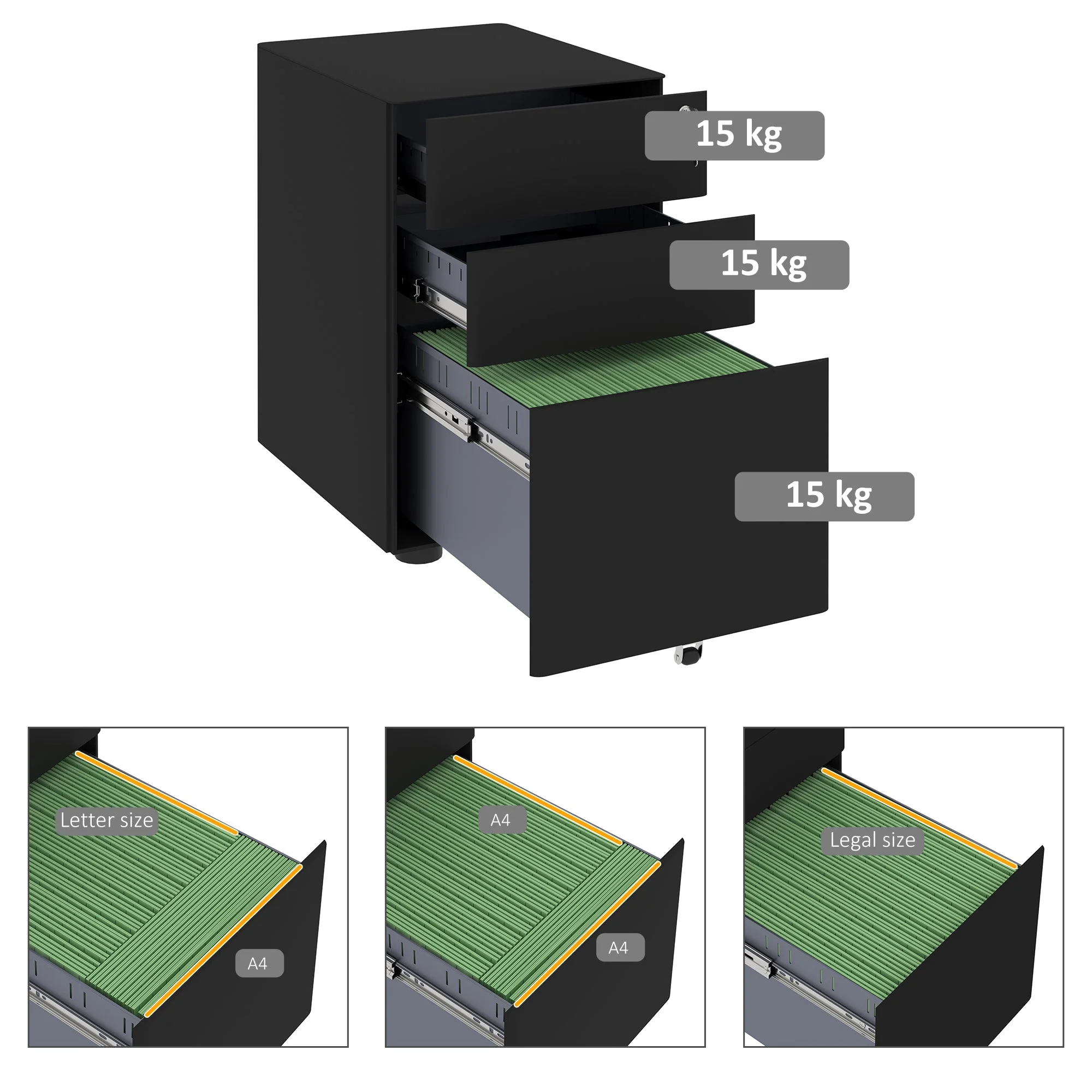 Vinsetto Fully Assembled 3 Drawer Steel Metal Filing Cabinet Lockable Rolling Vertical File Cabinet Black - Image 4