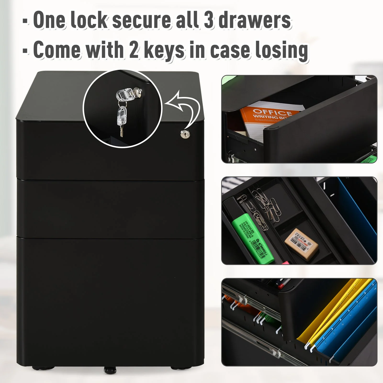 Vinsetto Fully Assembled 3 Drawer Steel Metal Filing Cabinet Lockable Rolling Vertical File Cabinet Black - Image 5