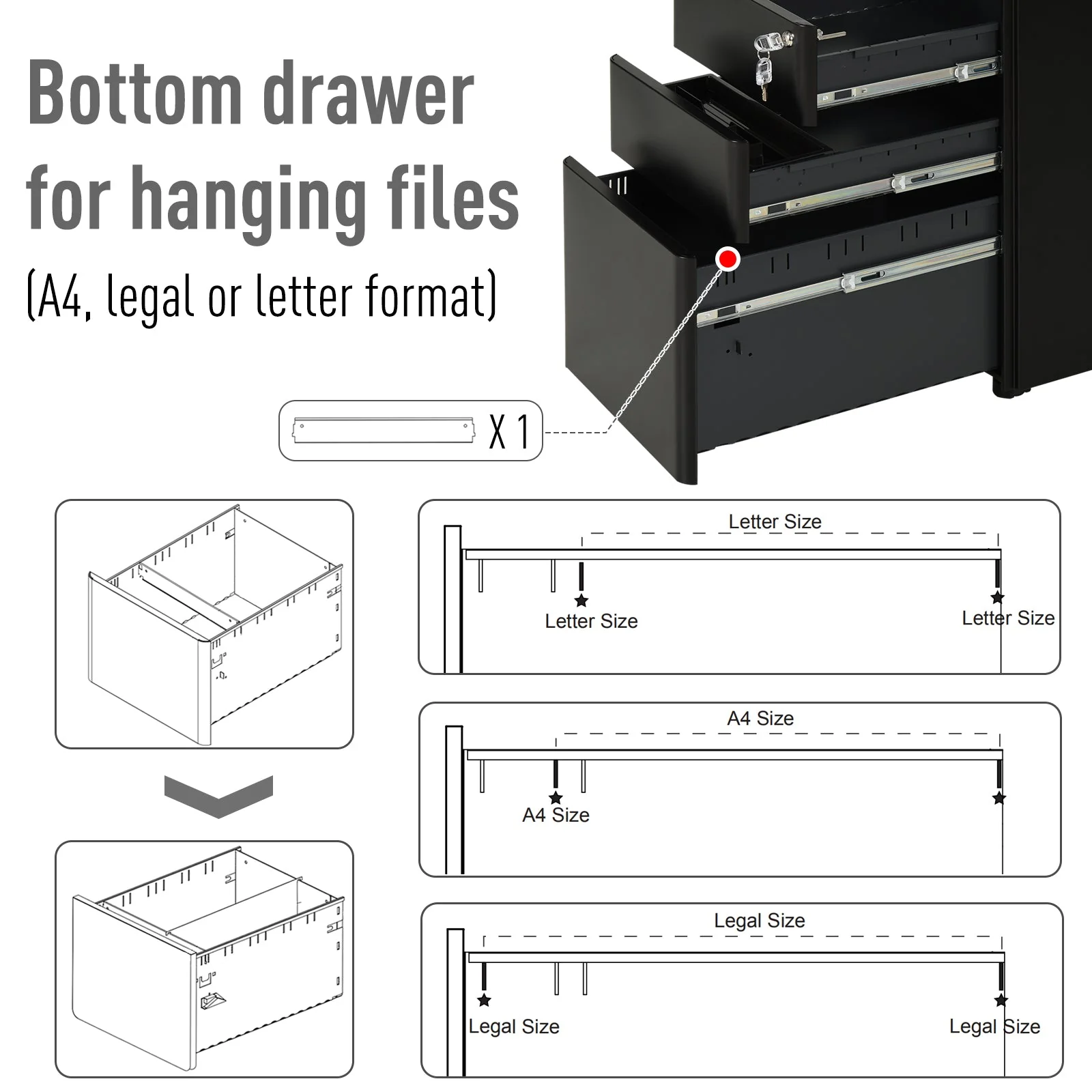 Vinsetto Fully Assembled 3 Drawer Steel Metal Filing Cabinet Lockable Rolling Vertical File Cabinet Black - Image 6