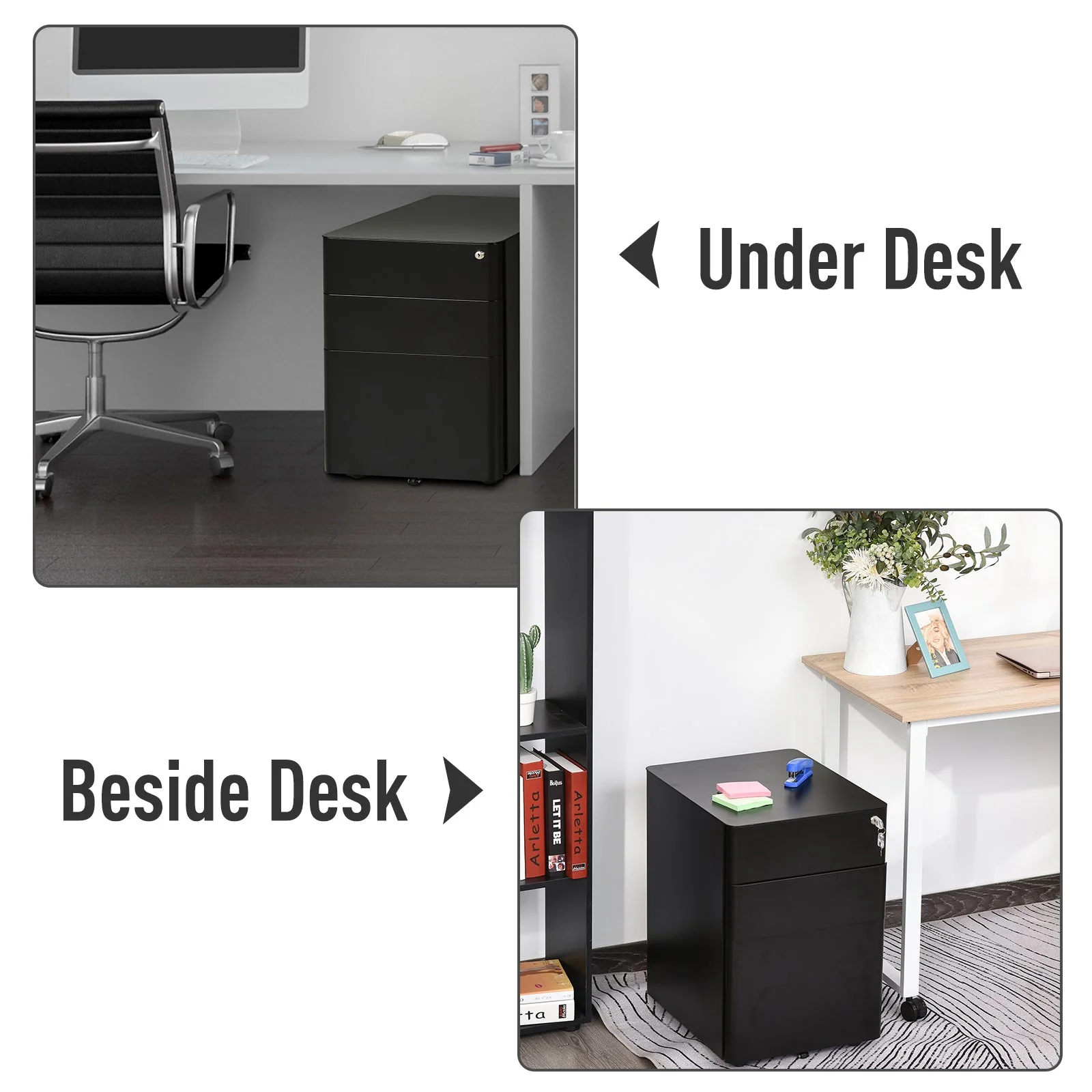 Vinsetto Fully Assembled 3 Drawer Steel Metal Filing Cabinet Lockable Rolling Vertical File Cabinet Black - Image 7