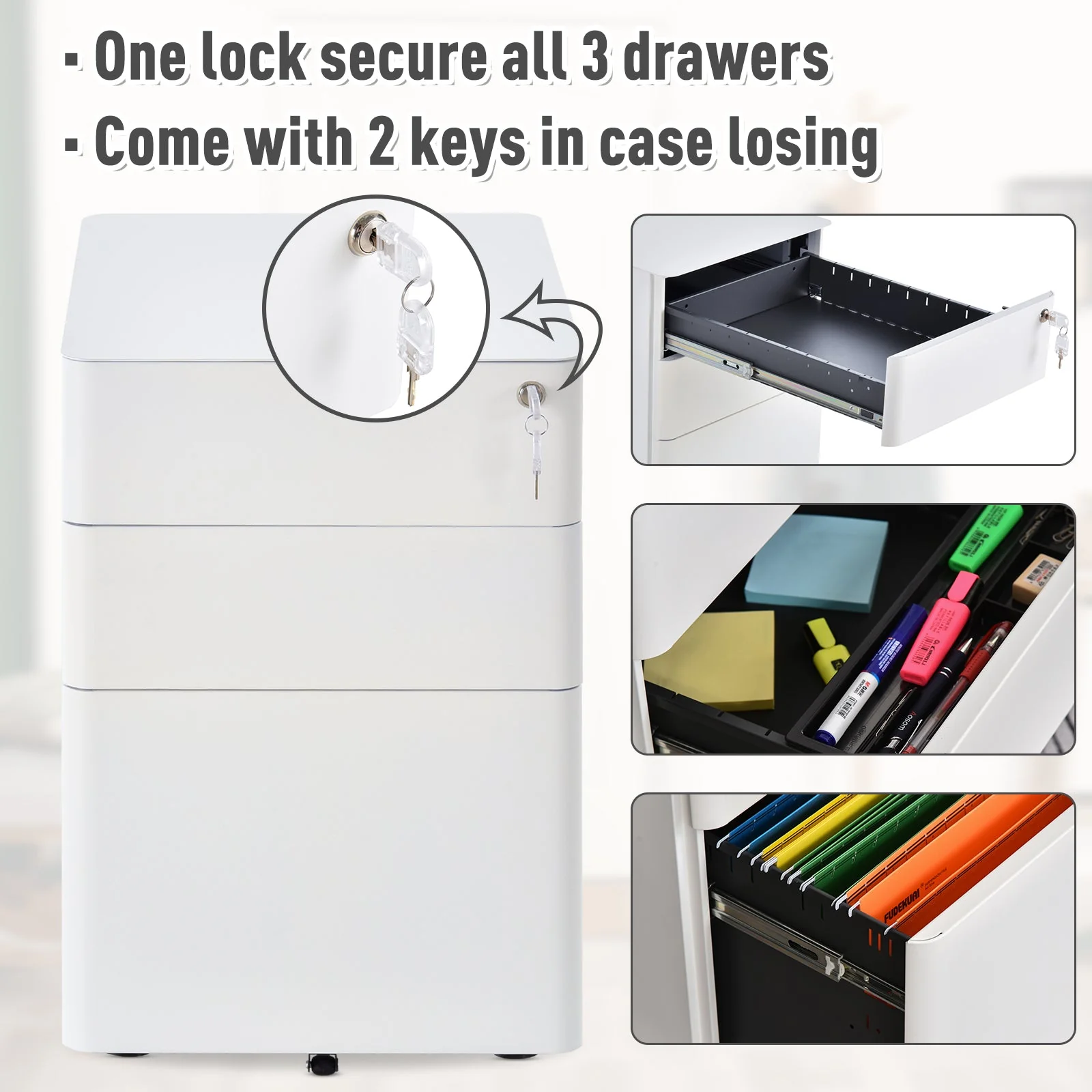 Vinsetto Fully Assembled 3 Drawer Steel Metal Filing Cabinet Lockable Rolling Vertical File Cabinet White - Image 4