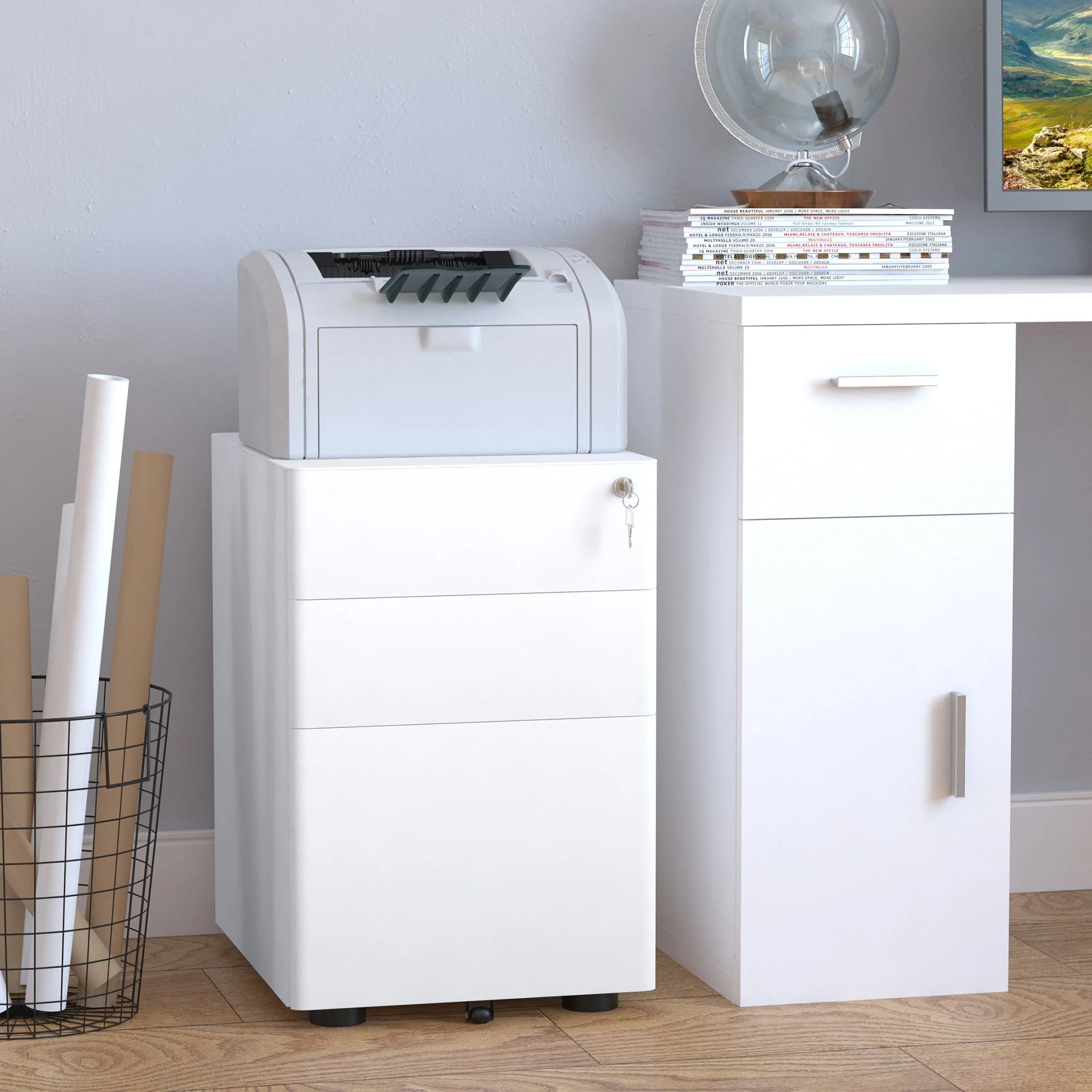 Vinsetto Fully Assembled 3 Drawer Steel Metal Filing Cabinet Lockable Rolling Vertical File Cabinet White - Image 9