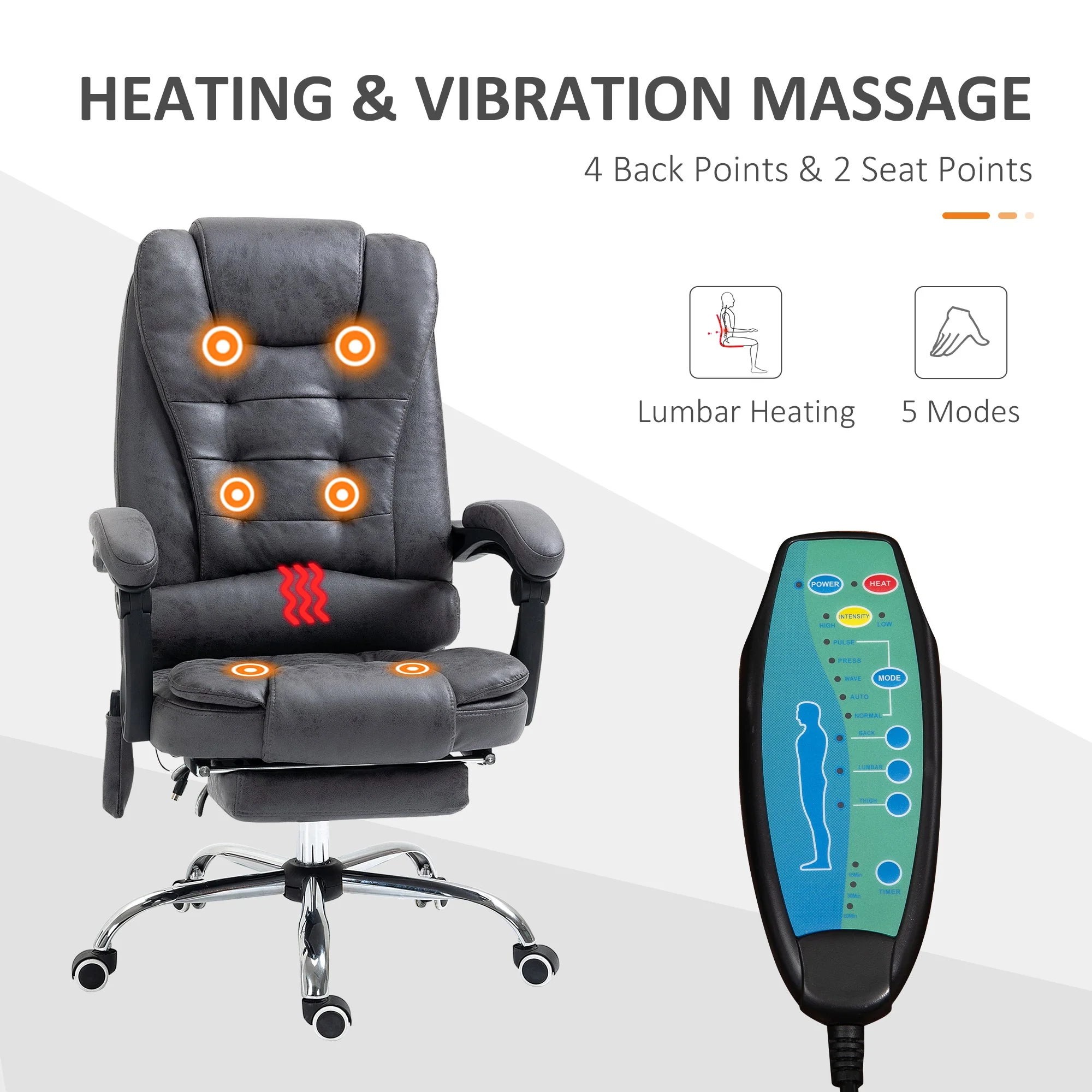 Vinsetto Heated 6 Points Vibration Massage Executive Office Chair Adjustable Swivel Ergonomic High Back Desk Chair Recliner with Footrest Dark Grey - Image 4