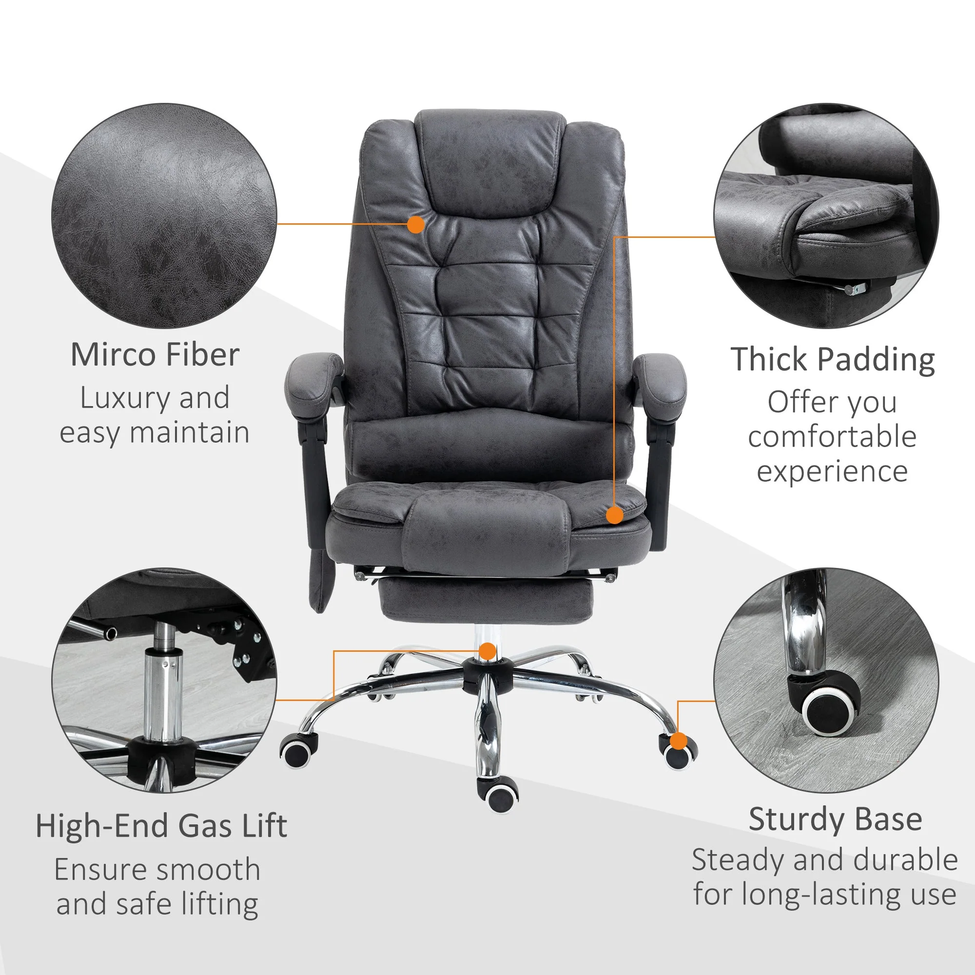Vinsetto Heated 6 Points Vibration Massage Executive Office Chair Adjustable Swivel Ergonomic High Back Desk Chair Recliner with Footrest Dark Grey - Image 8