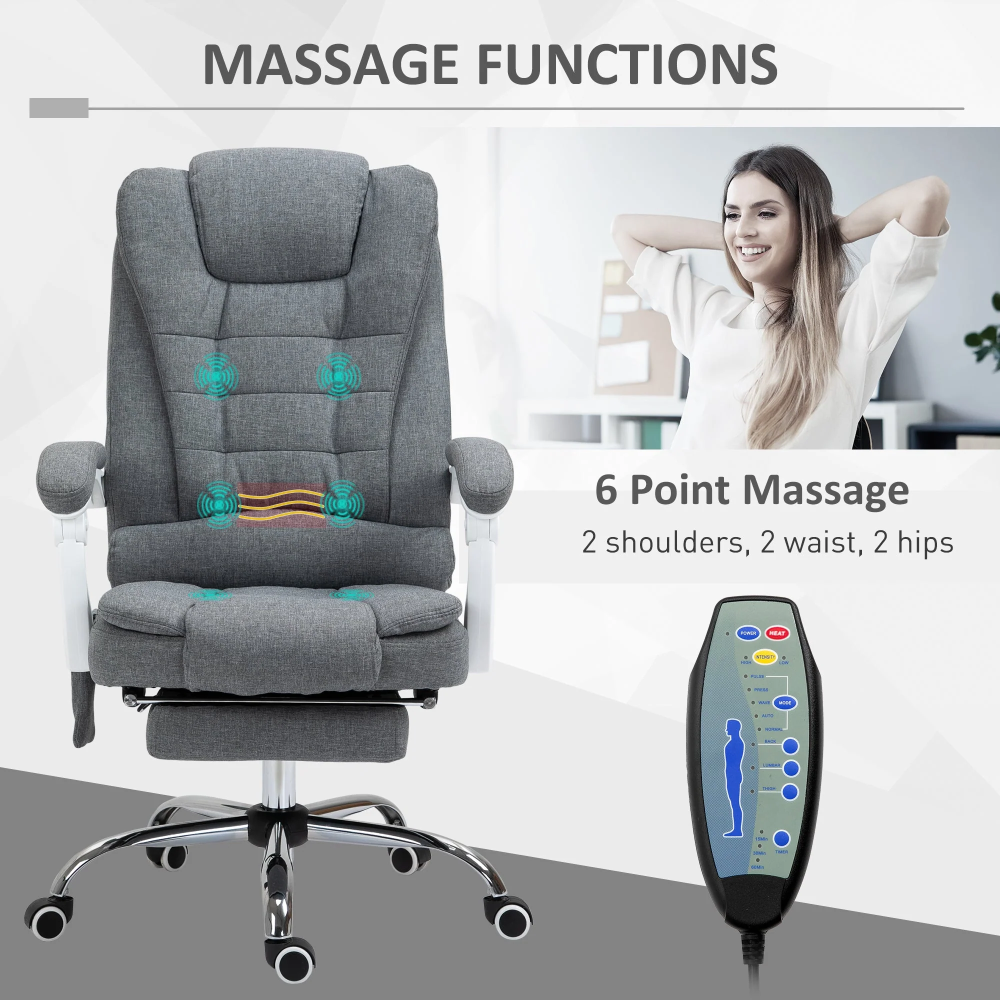 Vinsetto Heated 6 Points Vibration Massage Executive Office Chair Adjustable Swivel Ergonomic High Back Desk Chair Recliner with Footrest Grey - Image 4
