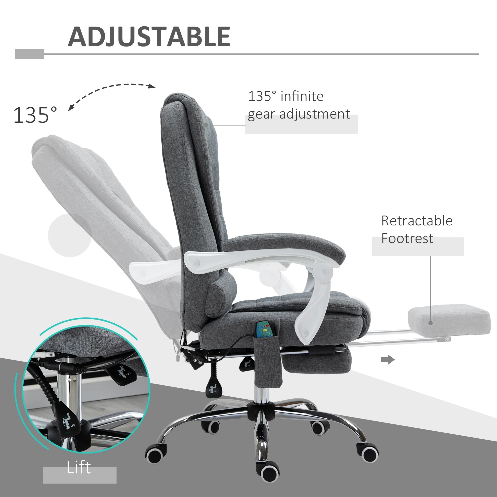 Vinsetto Heated 6 Points Vibration Massage Executive Office Chair Adjustable Swivel Ergonomic High Back Desk Chair Recliner with Footrest Grey - Image 5