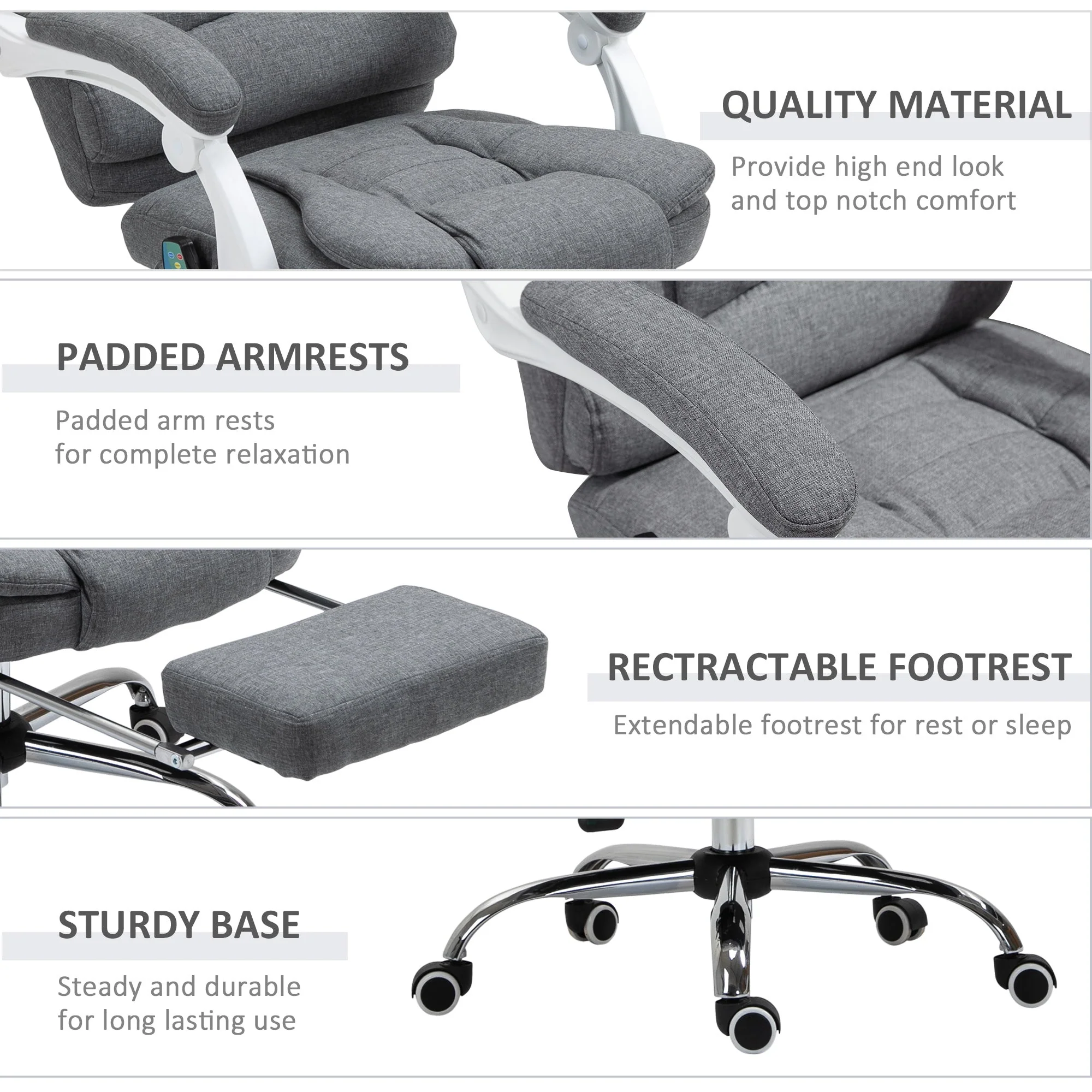 Vinsetto Heated 6 Points Vibration Massage Executive Office Chair Adjustable Swivel Ergonomic High Back Desk Chair Recliner with Footrest Grey - Image 7