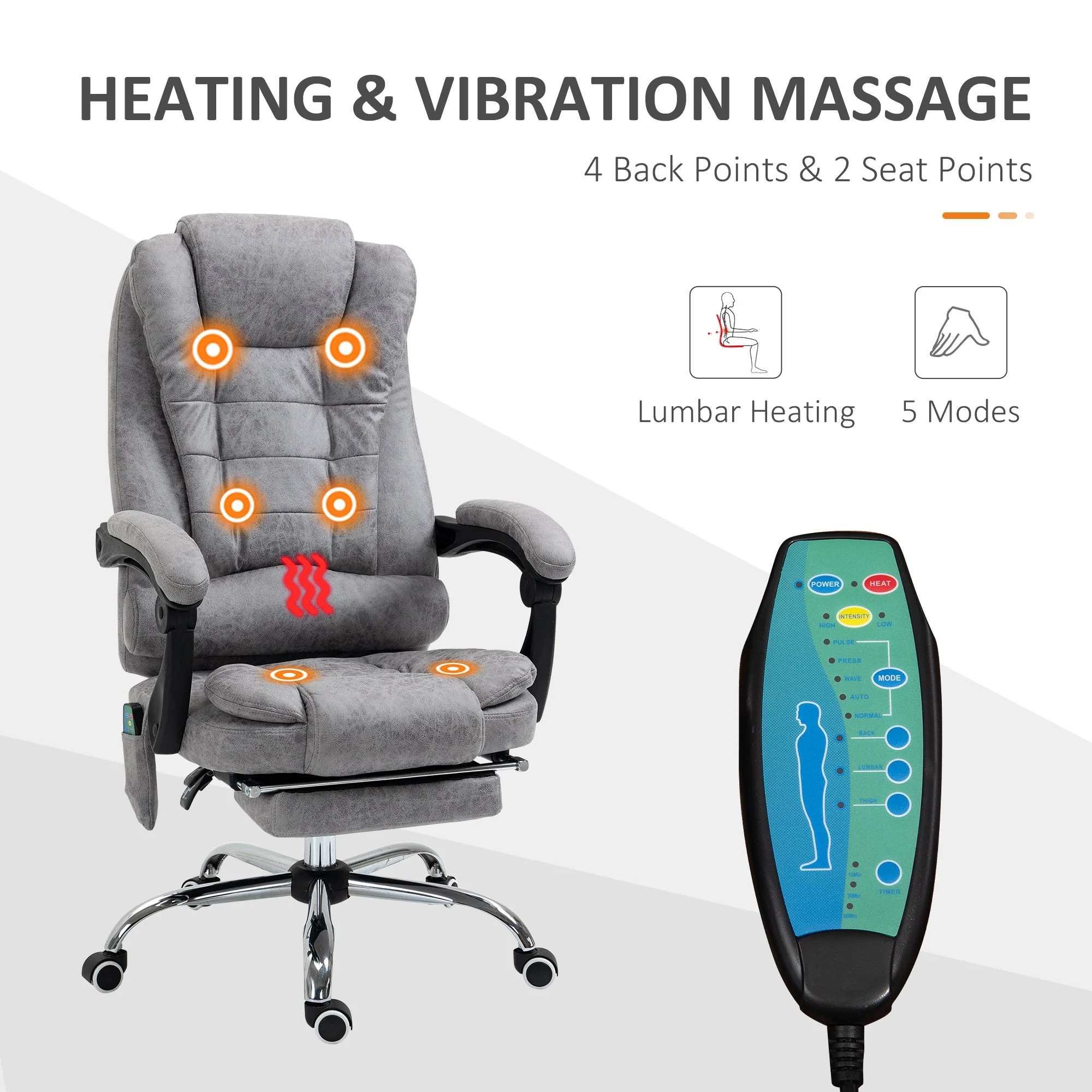 Vinsetto Heated 6 Points Vibration Massage Executive Office Chair Adjustable Swivel Ergonomic High Back Desk Chair Recliner With Footrest Grey - Image 4