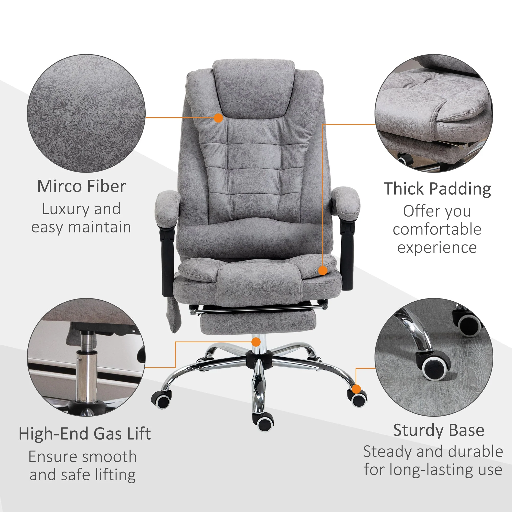 Vinsetto Heated 6 Points Vibration Massage Executive Office Chair Adjustable Swivel Ergonomic High Back Desk Chair Recliner With Footrest Grey - Image 8