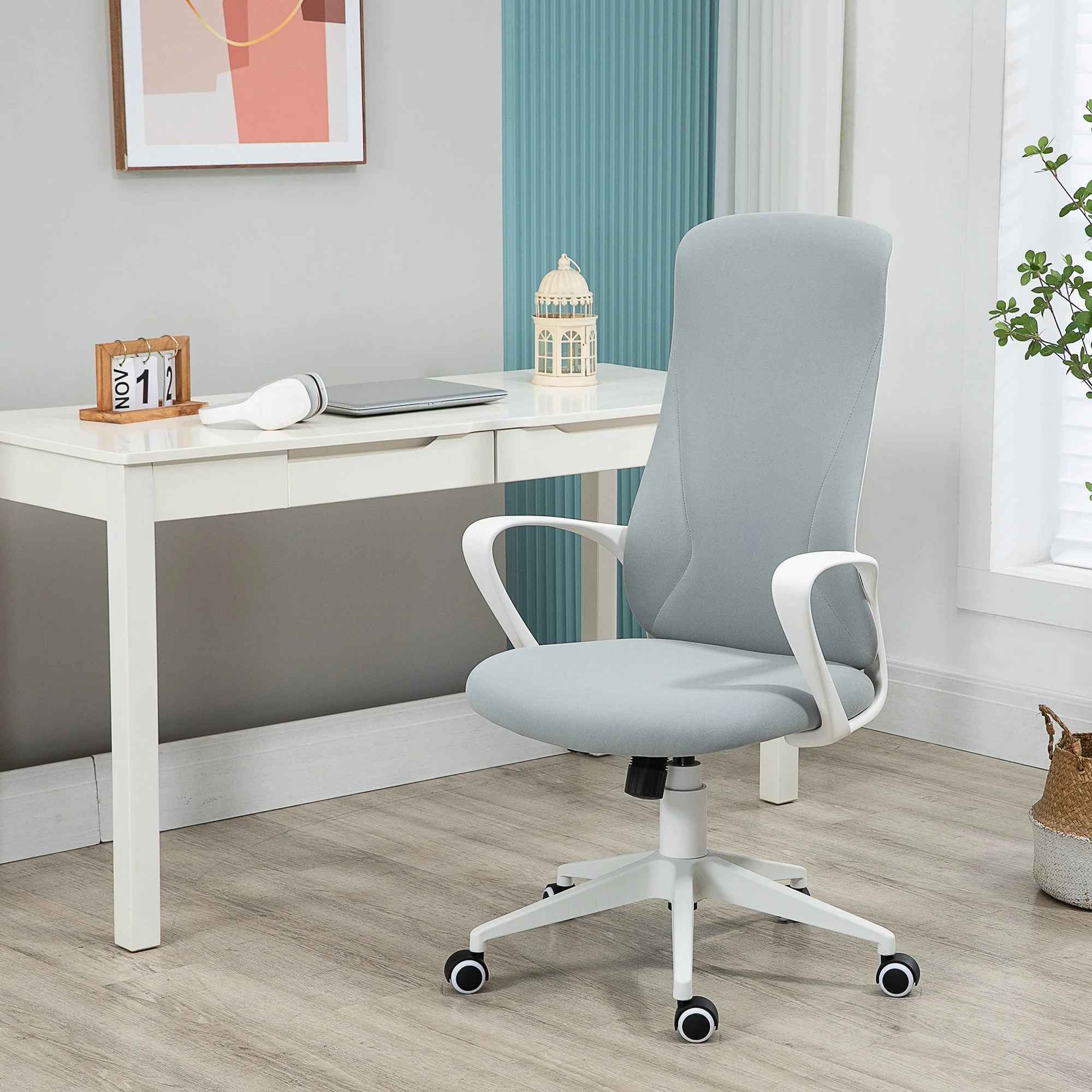 Vinsetto High Back Office Chair Fabric Desk Chair With Armrests Adjustable Height Swivel Wheels Light Grey - Image 2