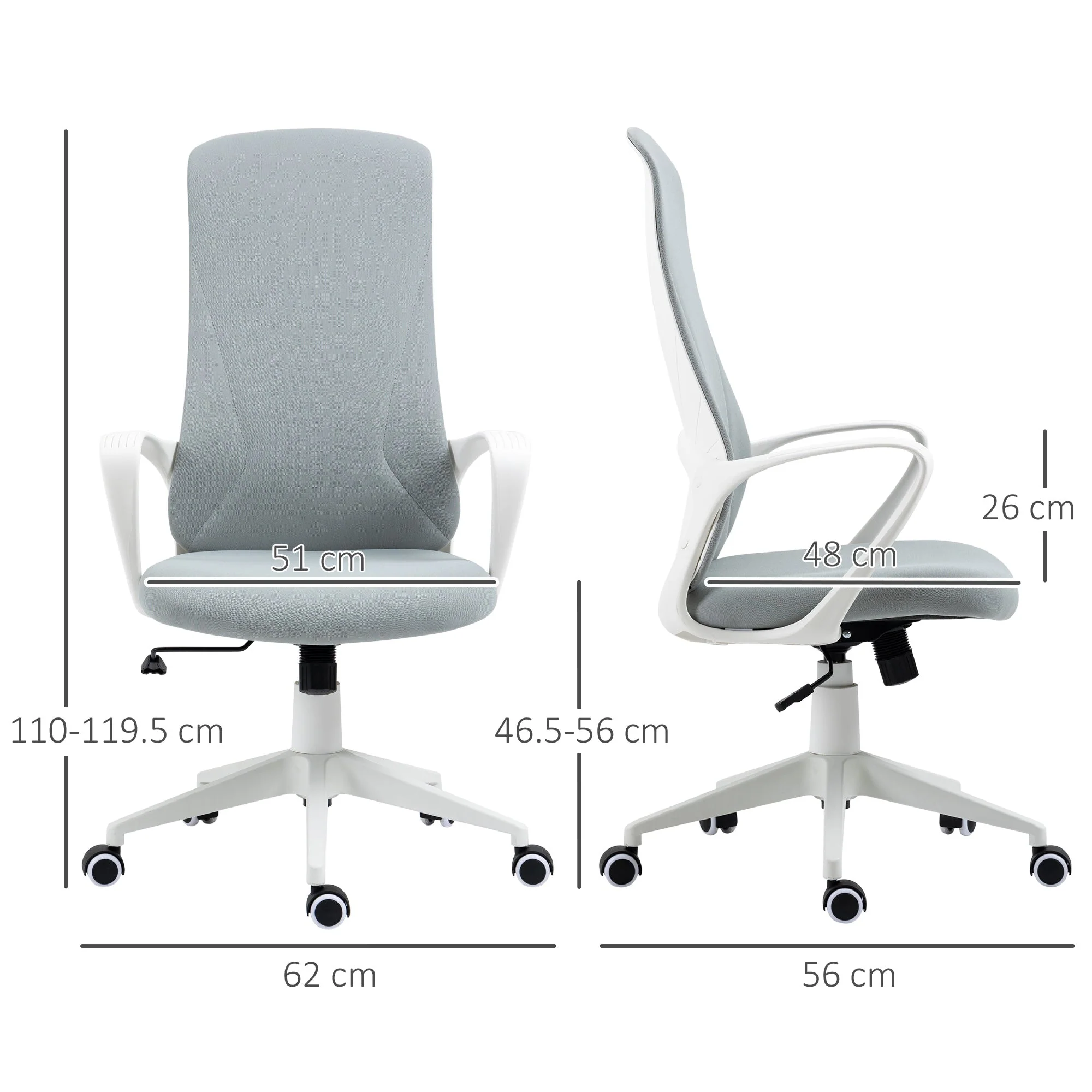 Vinsetto High Back Office Chair Fabric Desk Chair With Armrests Adjustable Height Swivel Wheels Light Grey - Image 3