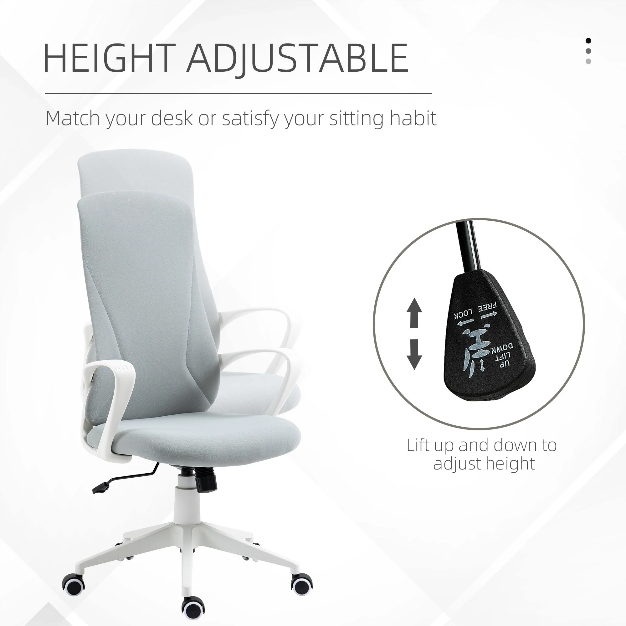 Vinsetto High Back Office Chair Fabric Desk Chair With Armrests Adjustable Height Swivel Wheels Light Grey - Image 4