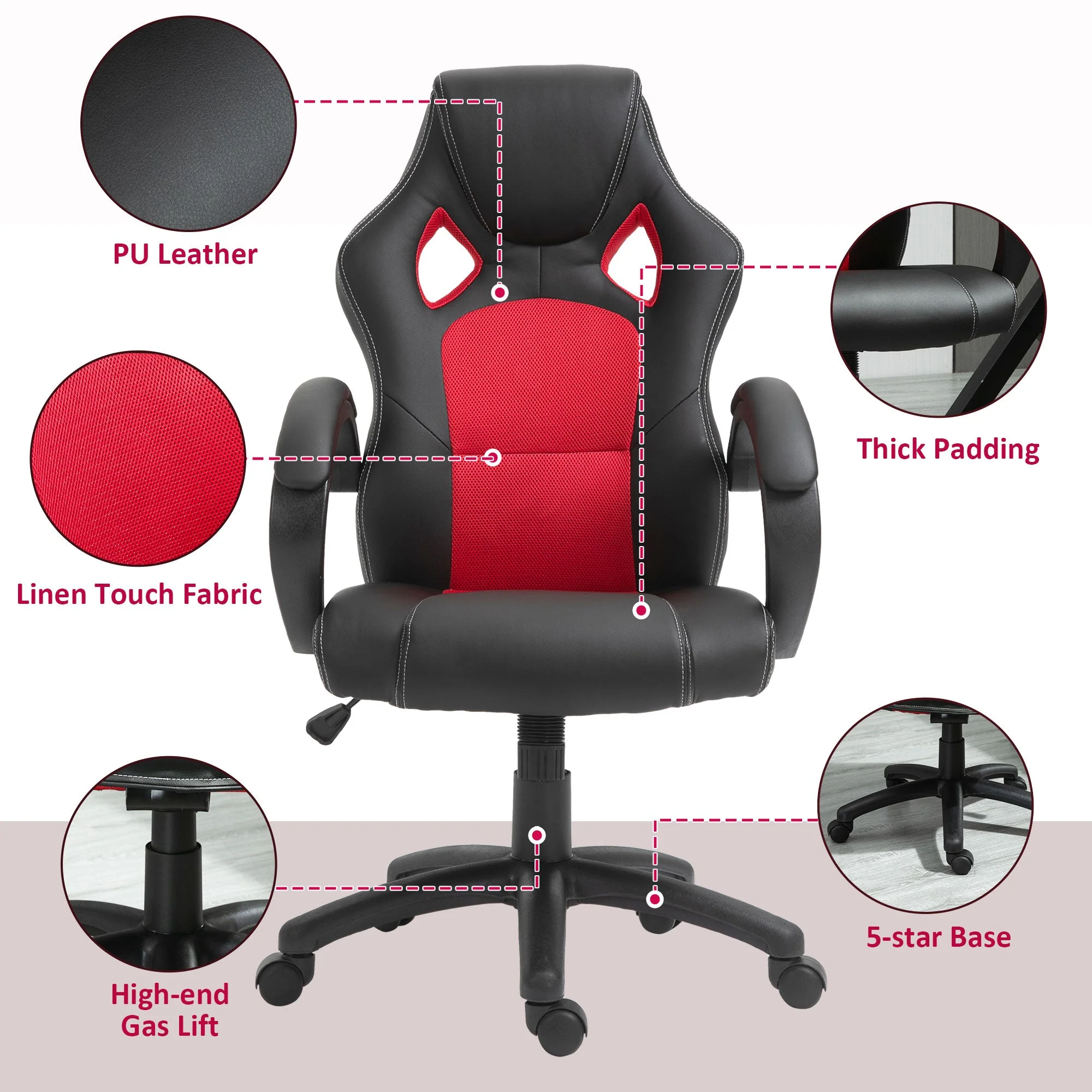 Vinsetto High-Back Office Chair Faux Leather Swivel Computer Desk Chair For Home Office With Wheels Armrests Black - Image 6