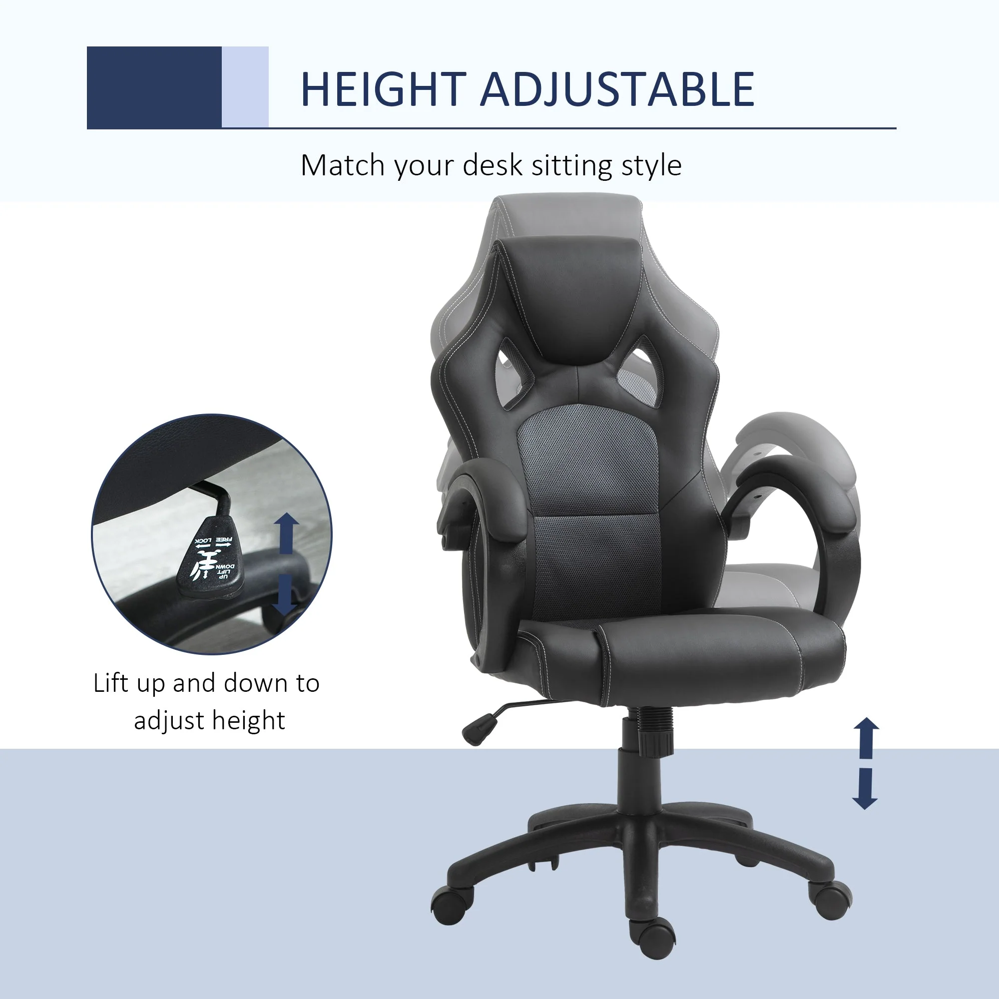 Vinsetto High-Back Office Chair Faux Leather Swivel Computer Desk Chair For Home Office With Wheels Armrests Black - Image 3