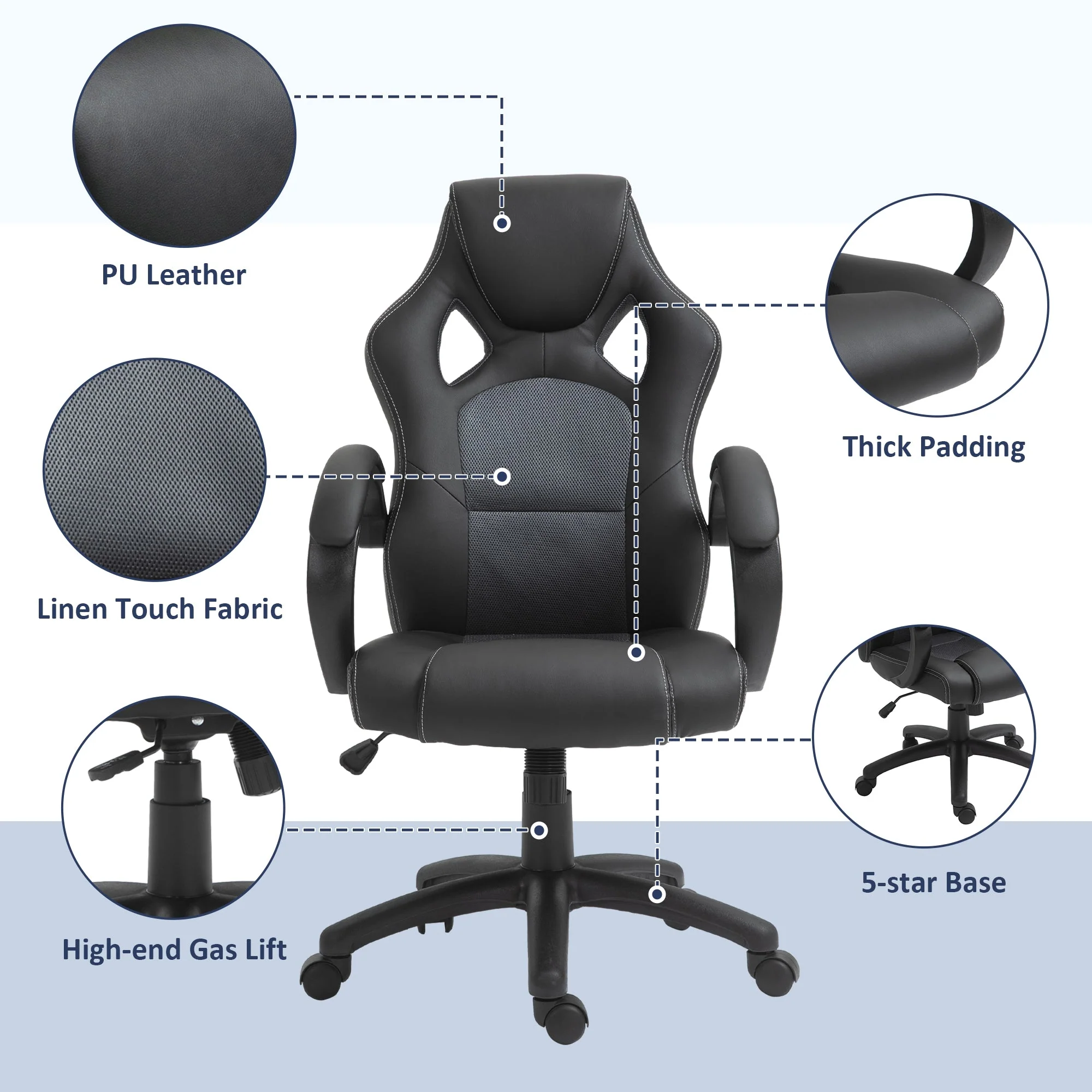 Vinsetto High-Back Office Chair Faux Leather Swivel Computer Desk Chair For Home Office With Wheels Armrests Black - Image 6