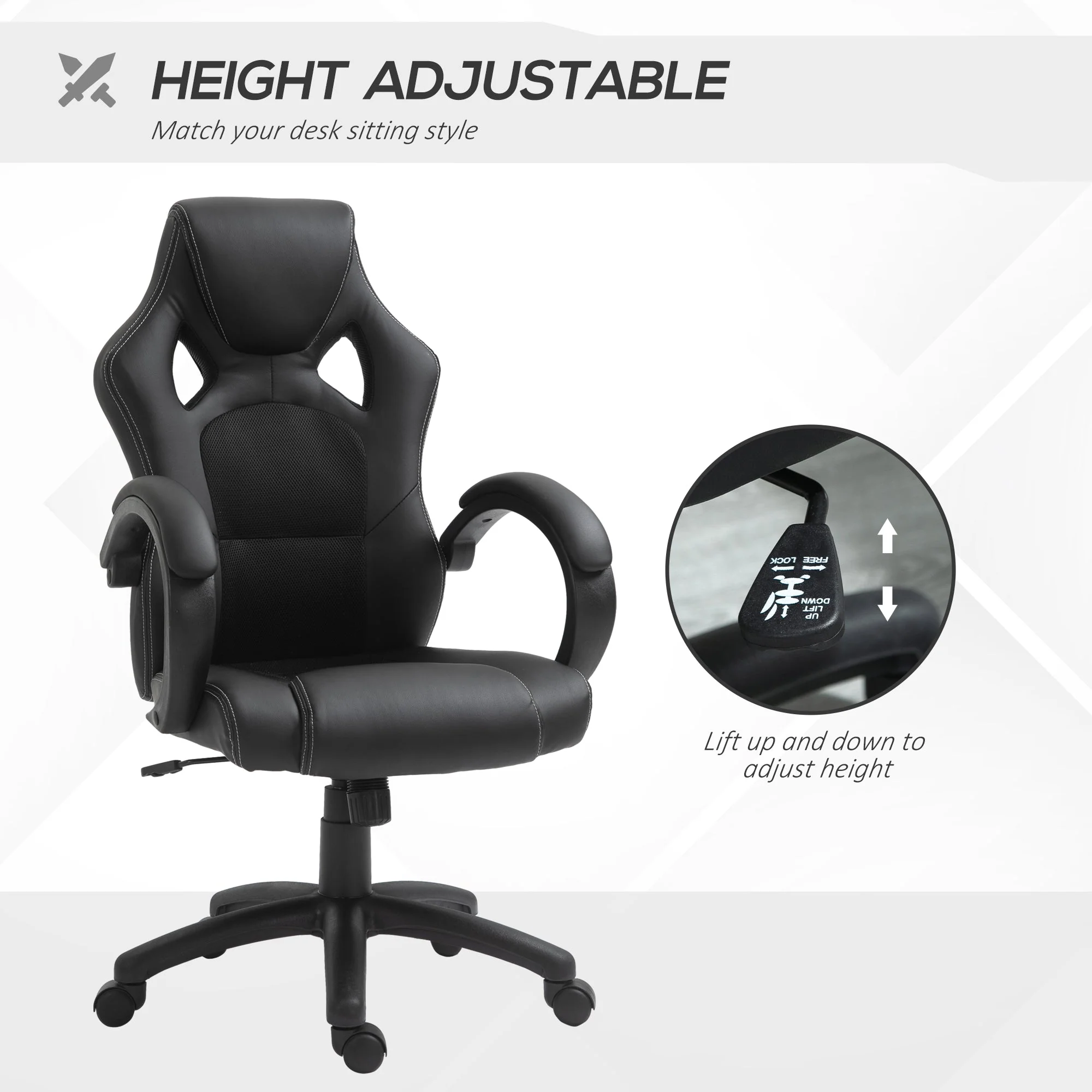 Vinsetto High-Back Office Chair Faux Leather Swivel Computer Desk Chair For Home Office With Wheels Armrests Black - Image 3