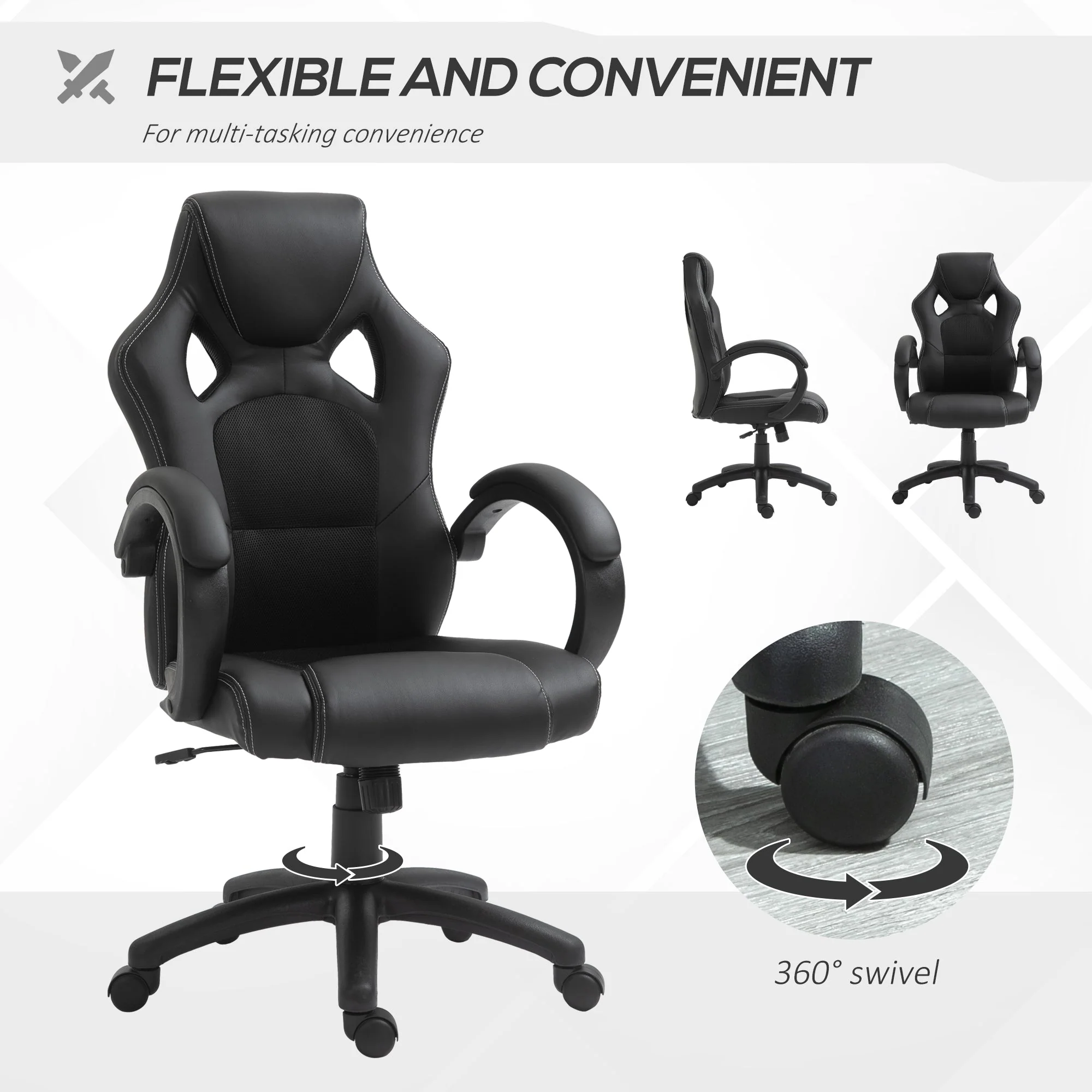 Vinsetto High-Back Office Chair Faux Leather Swivel Computer Desk Chair For Home Office With Wheels Armrests Black - Image 5