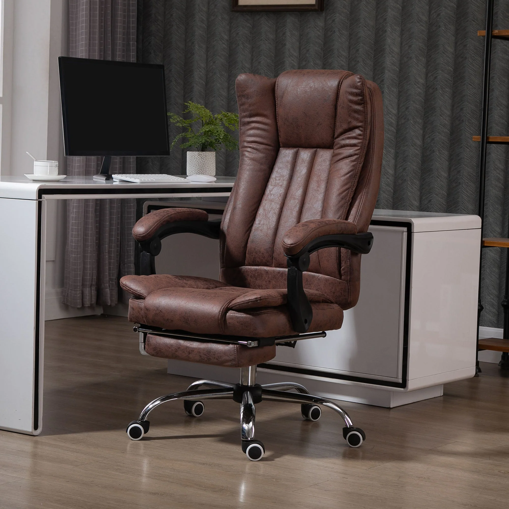 Vinsetto Home Office Chair Microfibre Desk Chair With Reclining Function Armrests Swivel Wheels Footrest Brown - Image 2