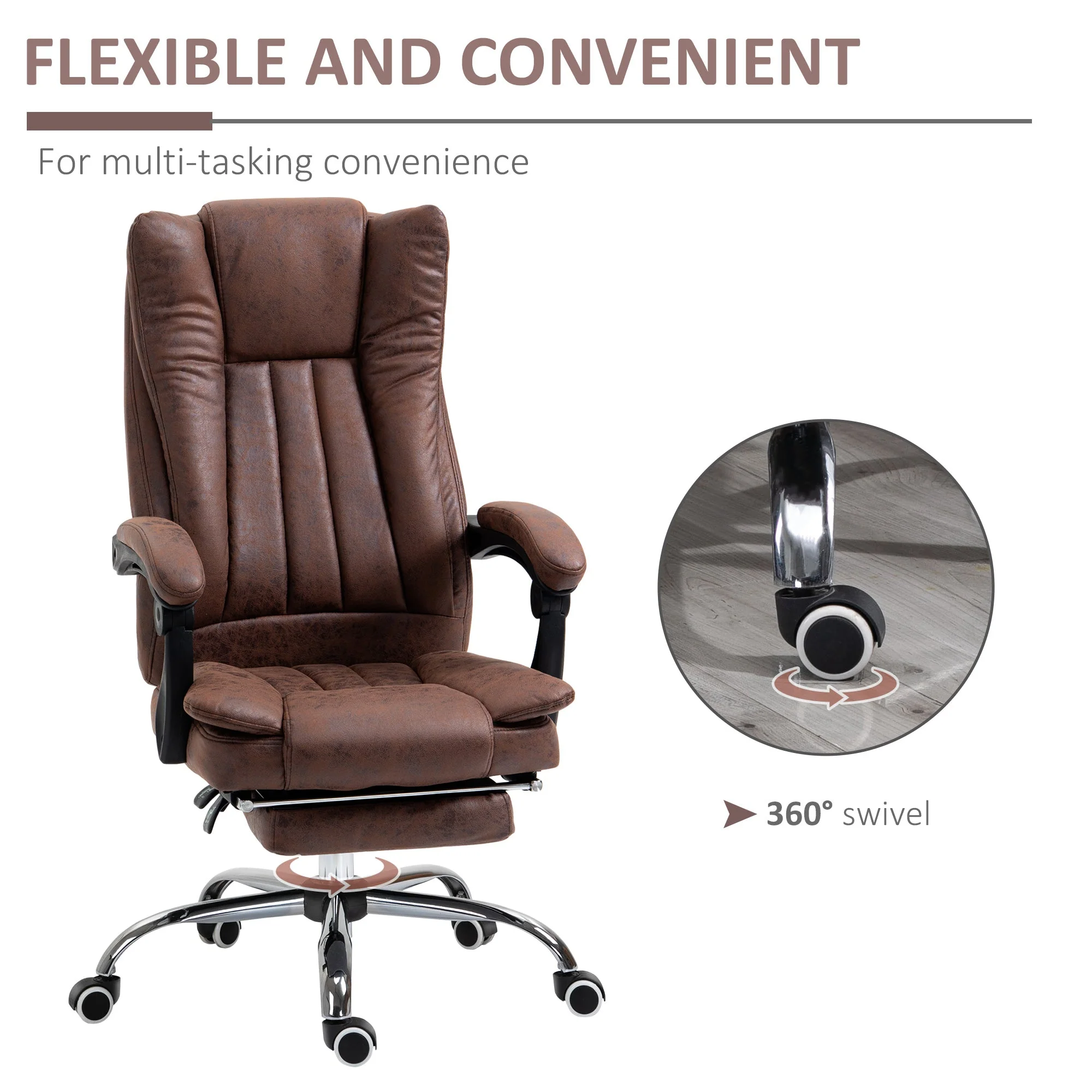Vinsetto Home Office Chair Microfibre Desk Chair With Reclining Function Armrests Swivel Wheels Footrest Brown - Image 6