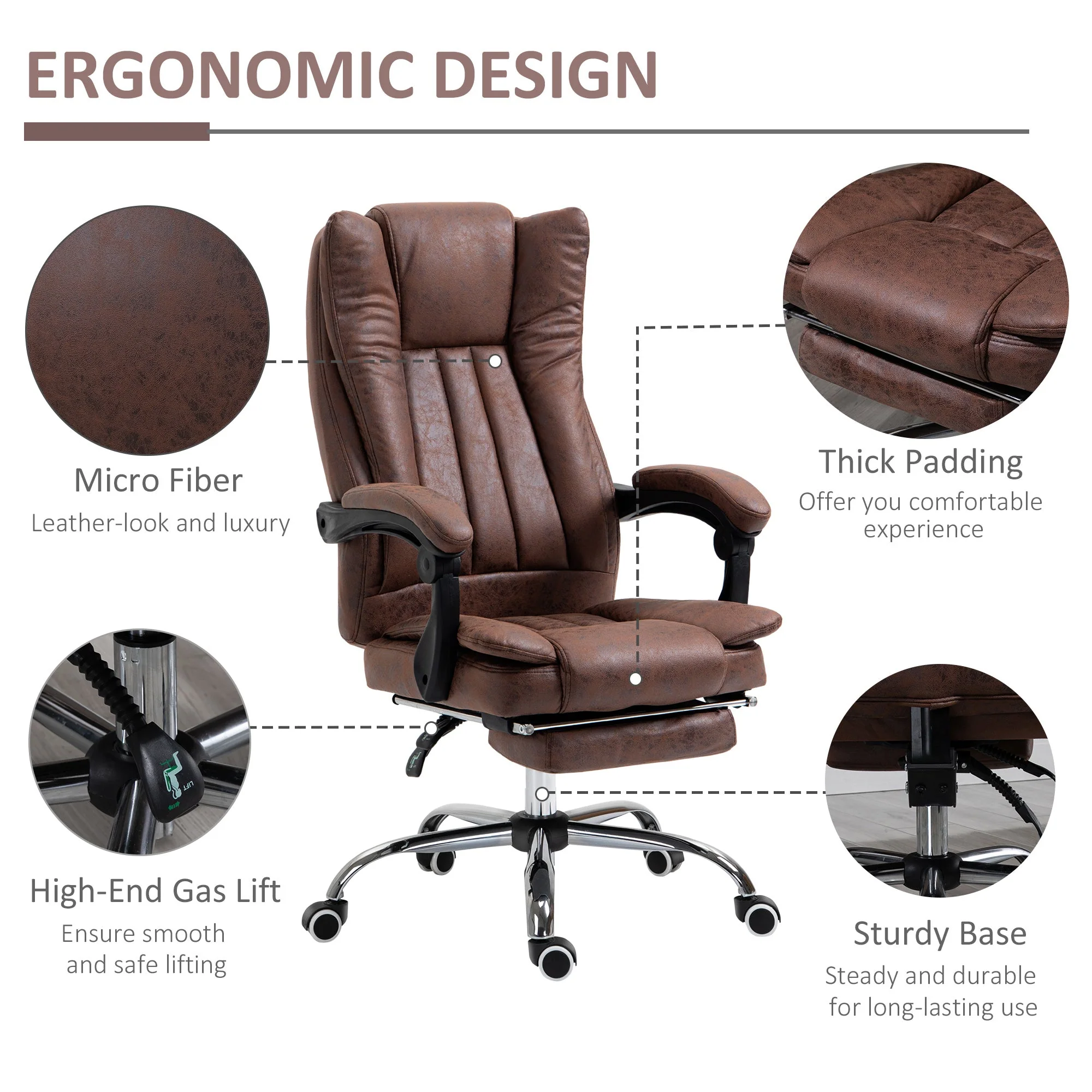 Vinsetto Home Office Chair Microfibre Desk Chair With Reclining Function Armrests Swivel Wheels Footrest Brown - Image 7