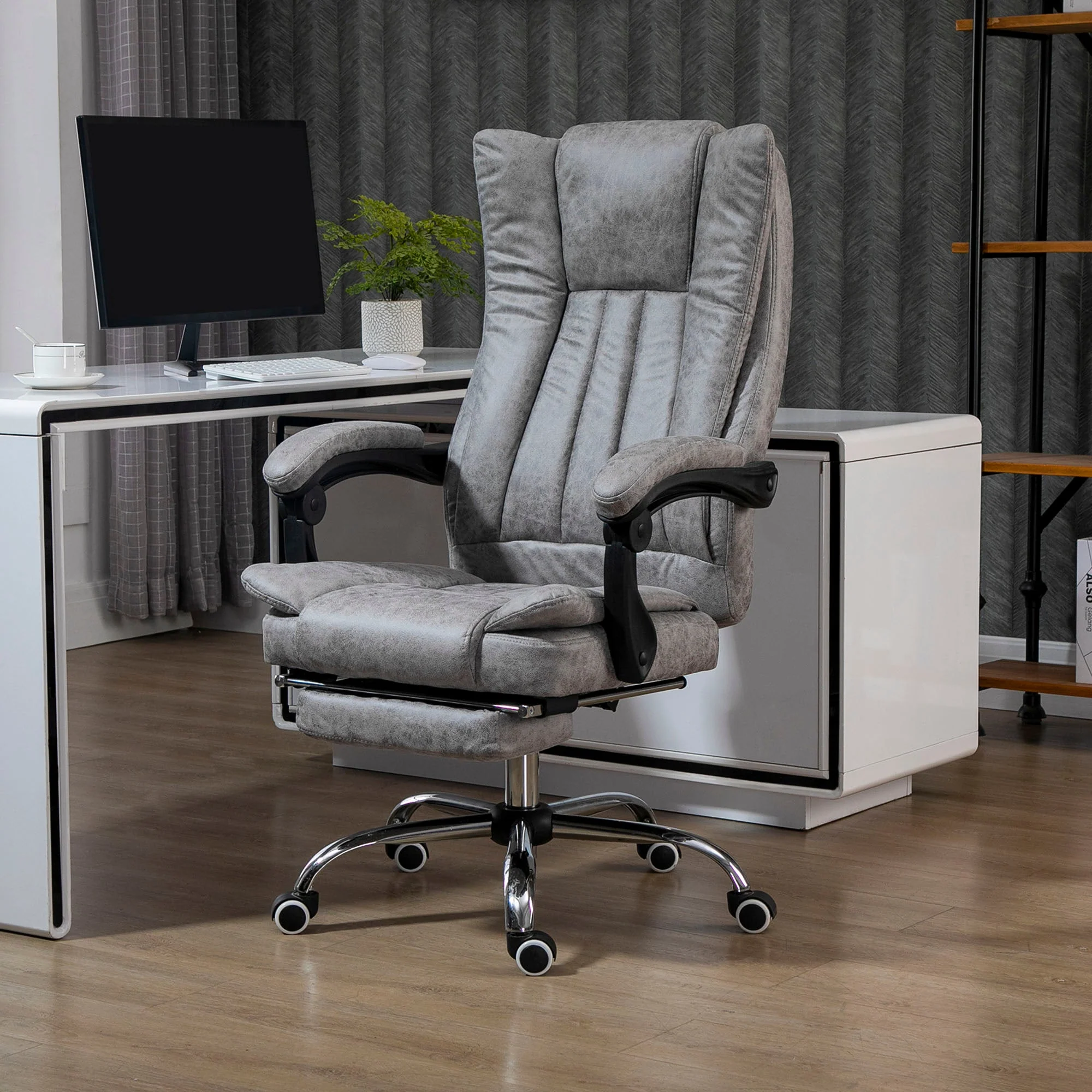 Vinsetto Home Office Chair Microfibre Desk Chair with Reclining Function Armrests Swivel Wheels Footrest Grey - Image 2