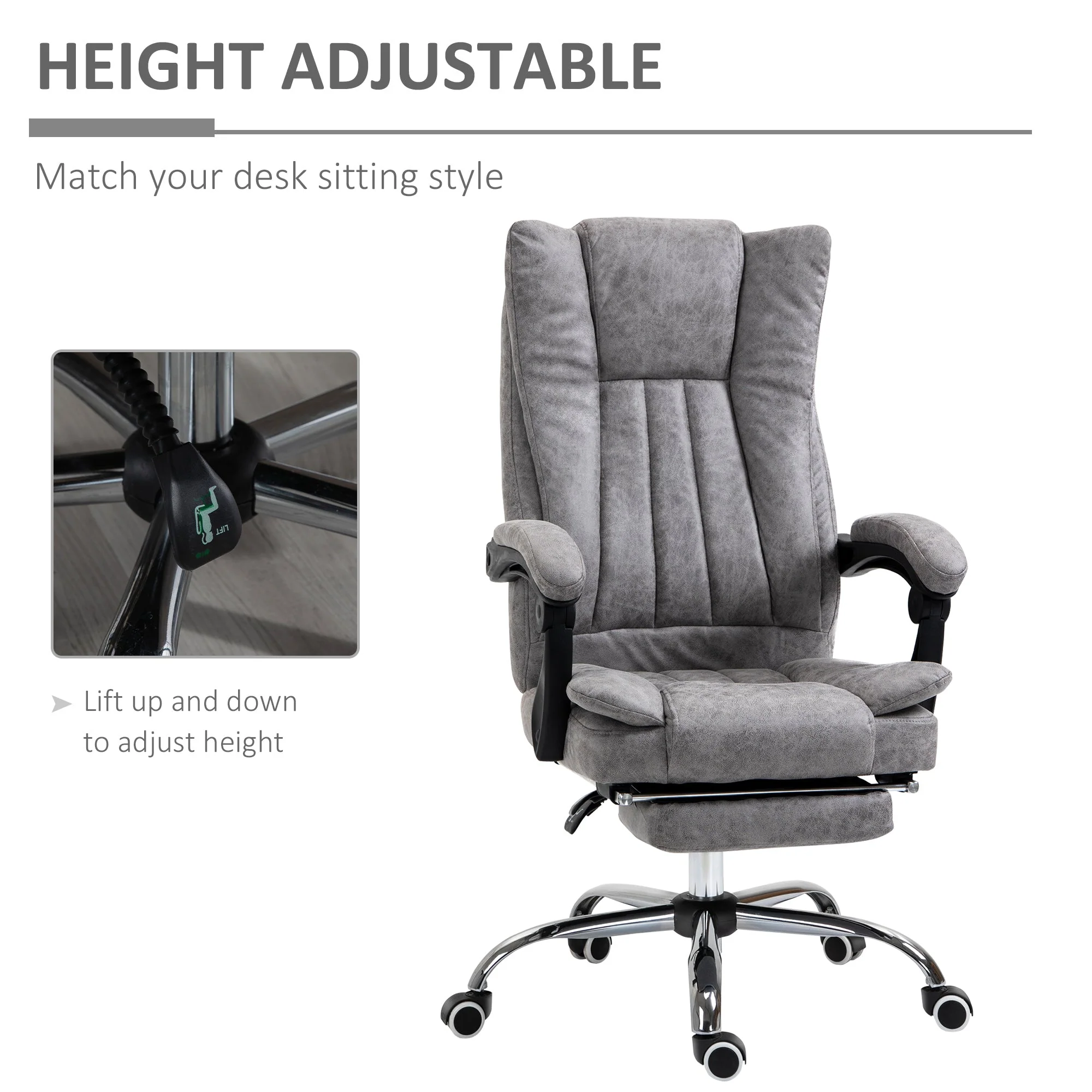 Vinsetto Home Office Chair Microfibre Desk Chair with Reclining Function Armrests Swivel Wheels Footrest Grey - Image 4