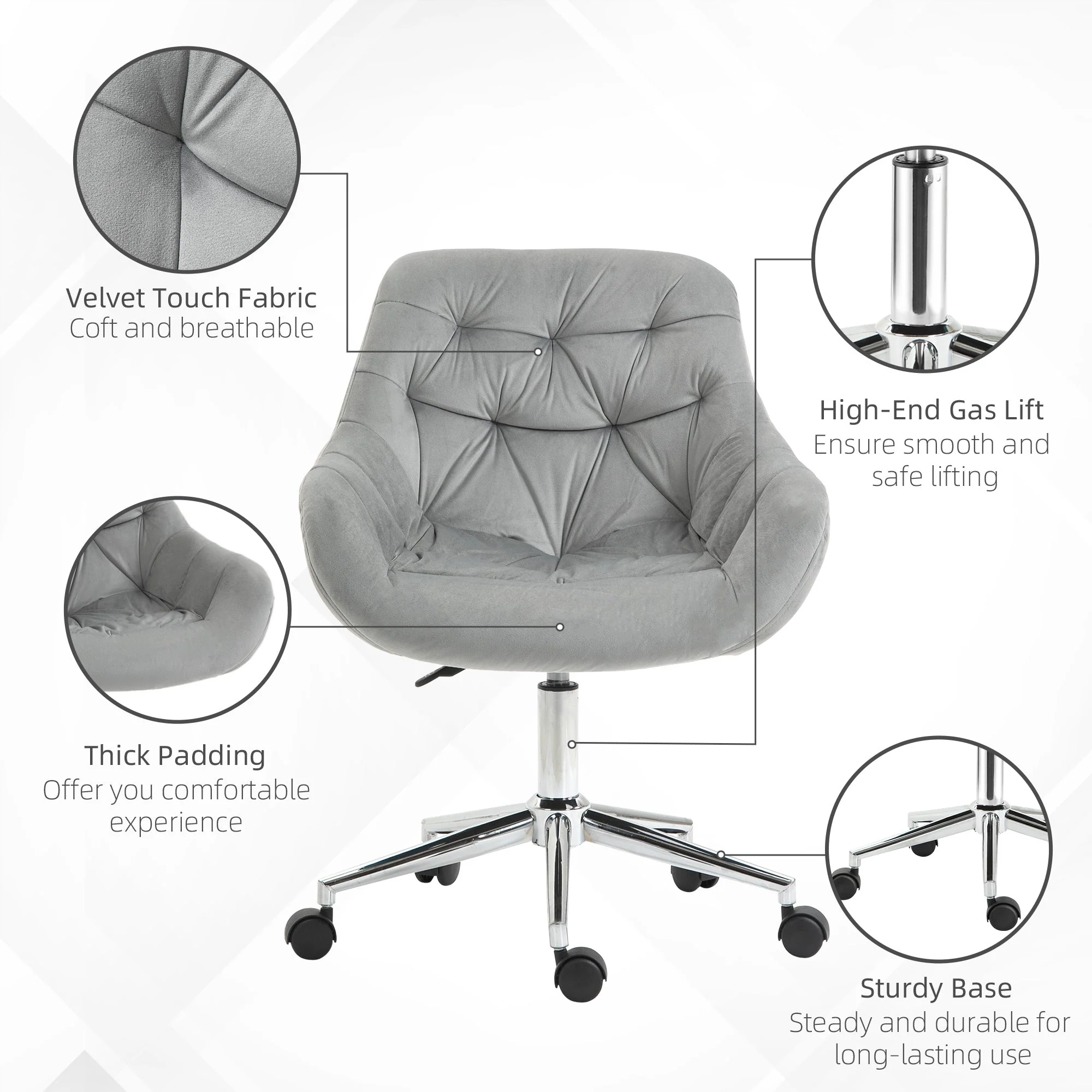 Vinsetto Home Office Chair Velvet Ergonomic Computer Chair Comfy Desk Chair with Adjustable Height - Image 6