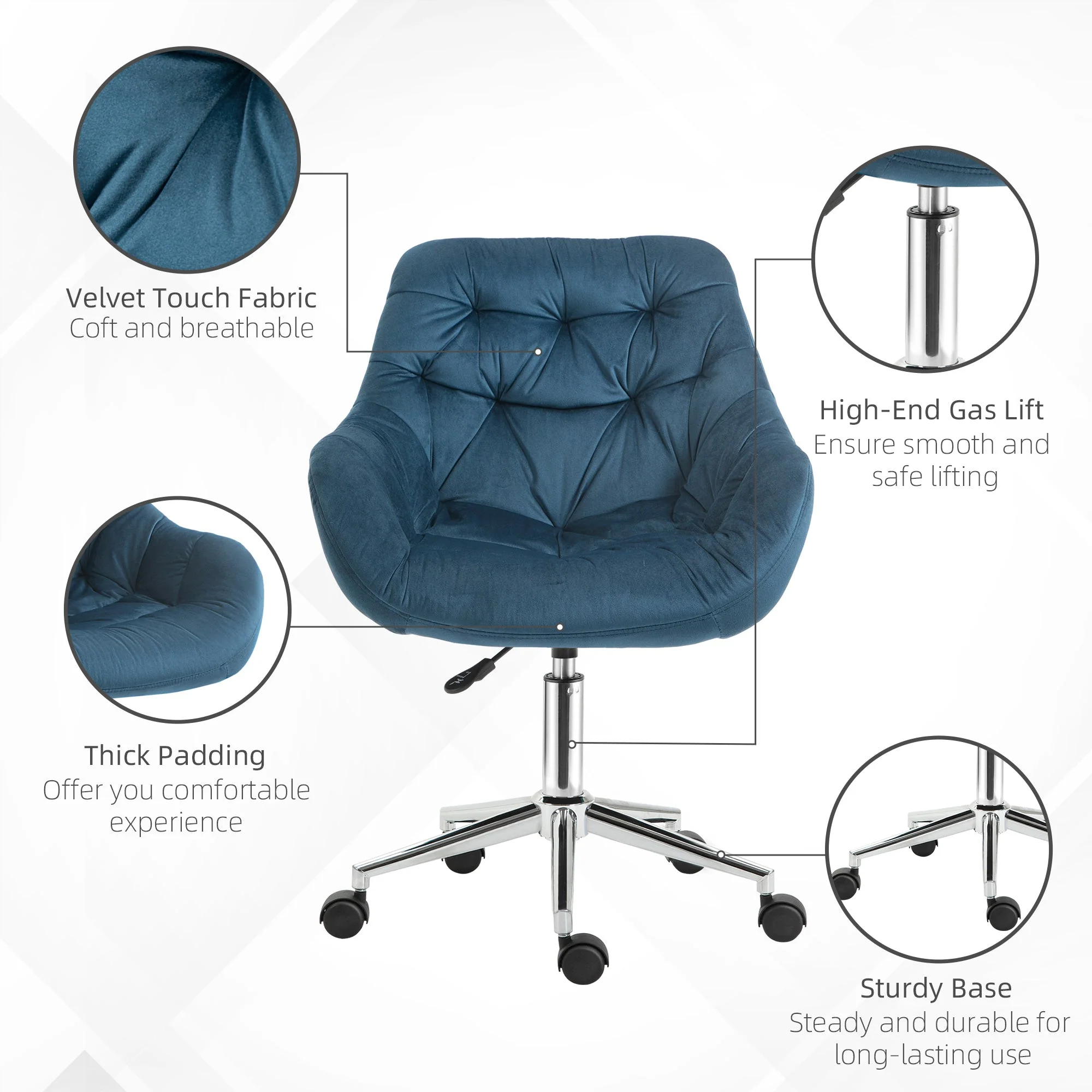 Vinsetto Home Office Chair Velvet Ergonomic Computer Chair Comfy Desk Chair with Adjustable Height - Image 6