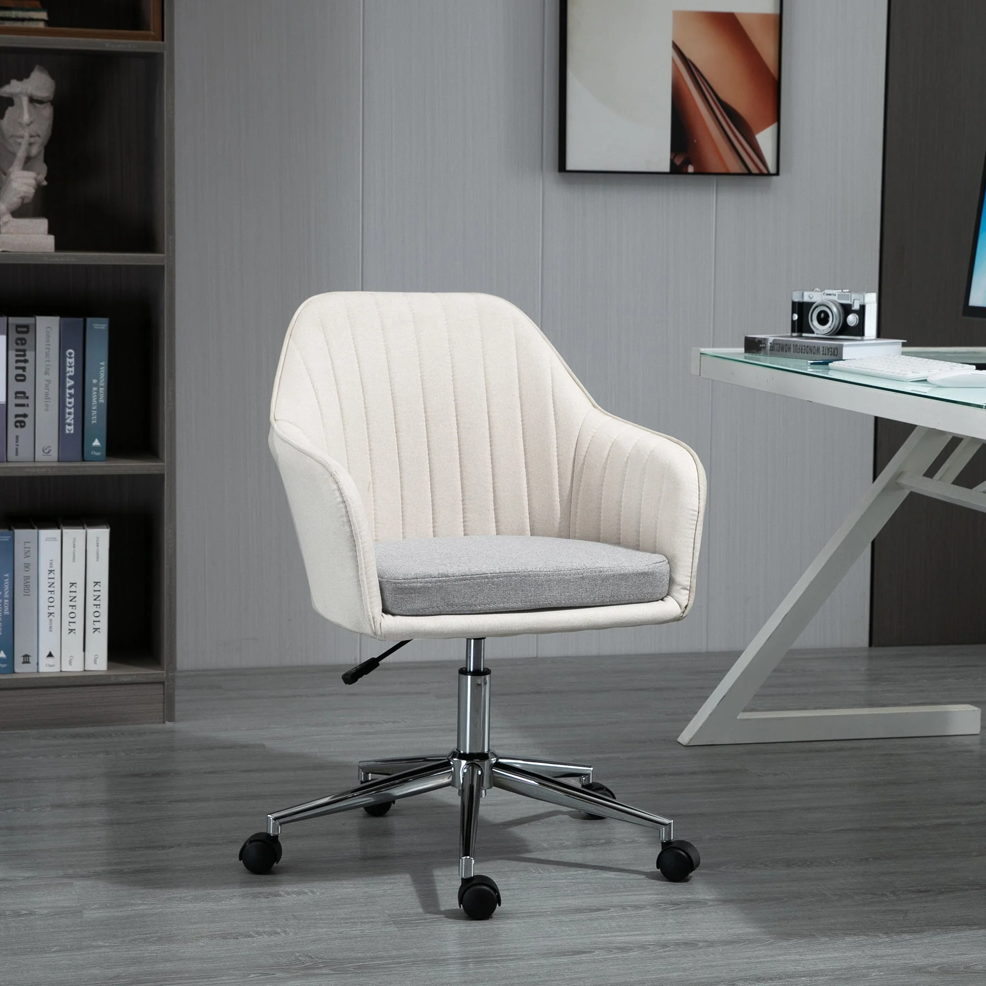 Vinsetto Leisure Office Chair Linen Swivel Computer Desk Chair Study With Wheel Beige - Image 2