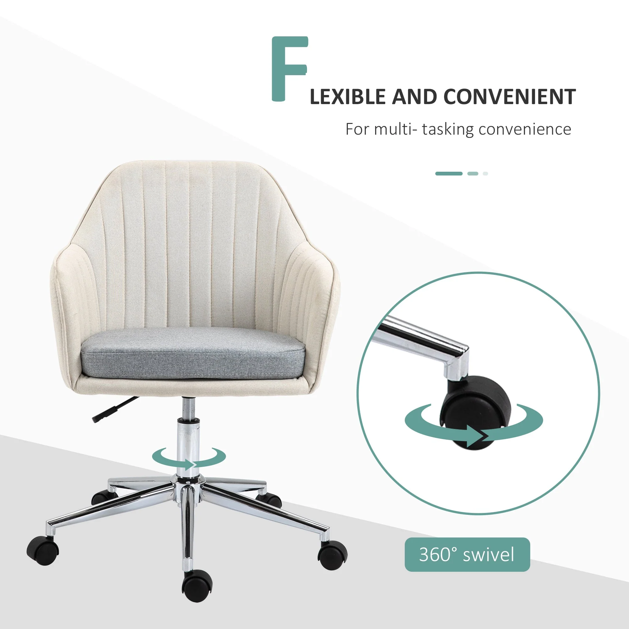 Vinsetto Leisure Office Chair Linen Swivel Computer Desk Chair Study With Wheel Beige - Image 5