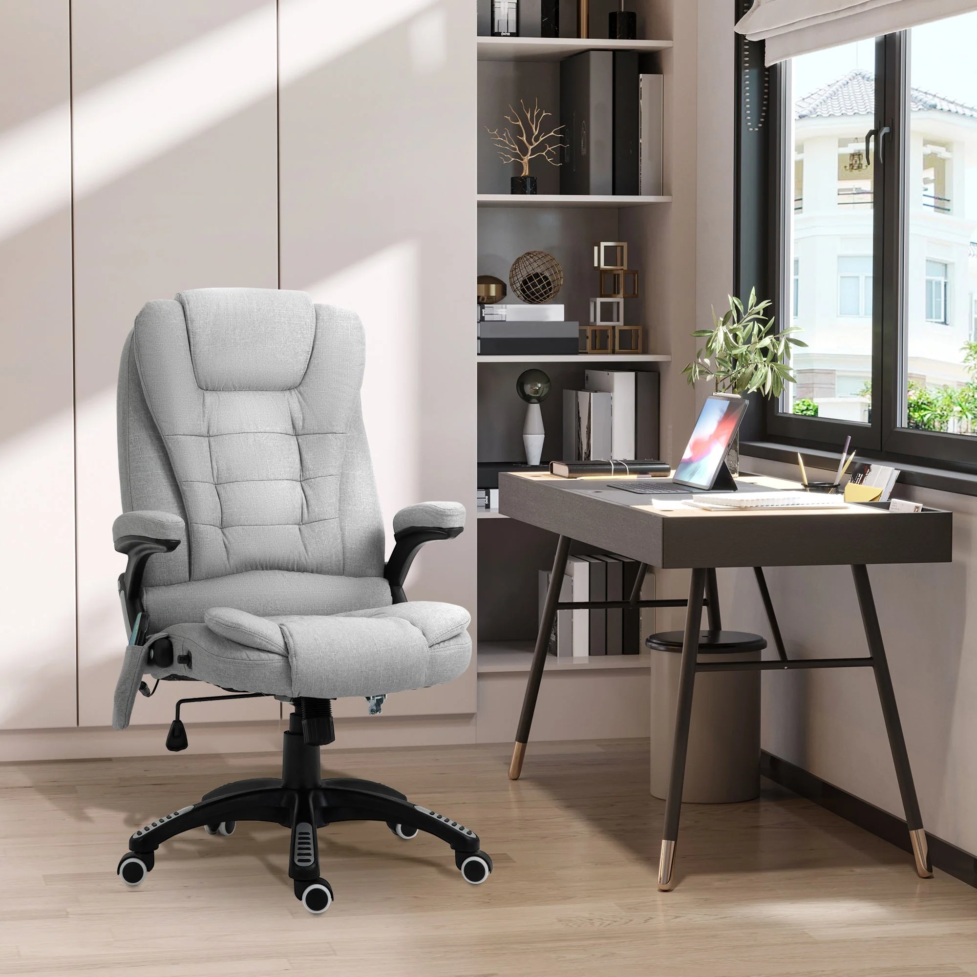 Vinsetto Massage Office Chair Recliner Ergonomic Gaming Heated Home Office Padded Linen-Feel Fabric & Swivel Base Light Grey - Image 2