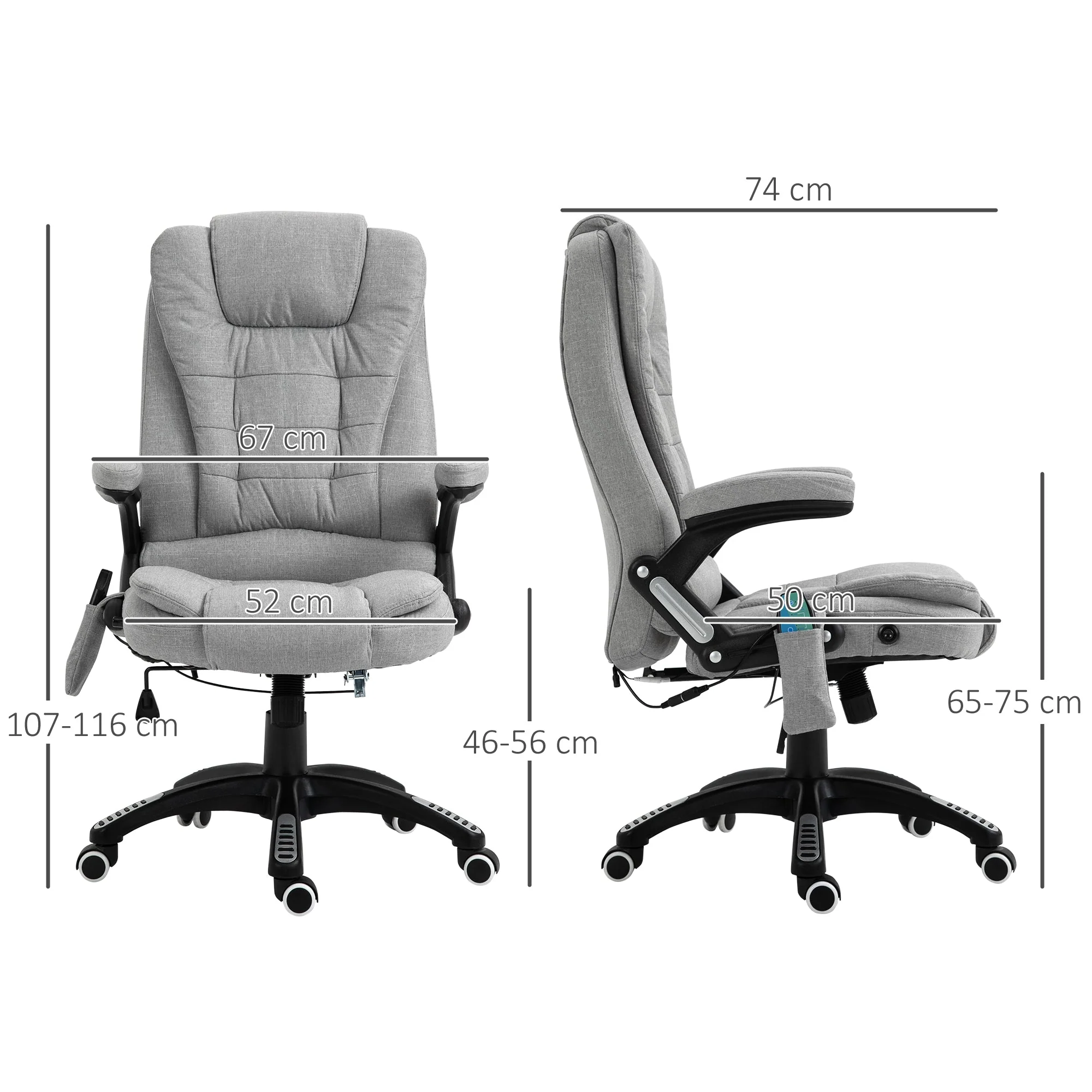 Vinsetto Massage Office Chair Recliner Ergonomic Gaming Heated Home Office Padded Linen-Feel Fabric & Swivel Base Light Grey - Image 3